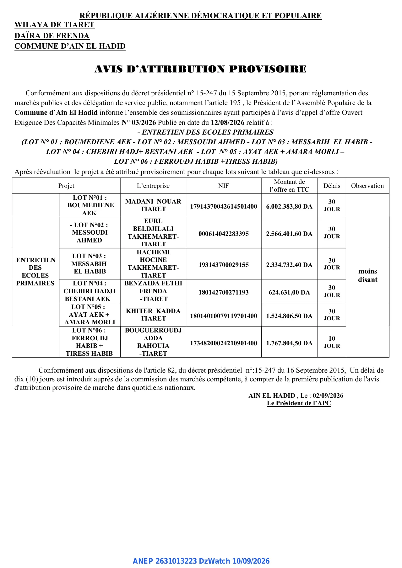 Annonce ANEP 2631013223 : AVIS D'ATTRIBUTION PROVISOIRE, Commune d'Ain El Hadid