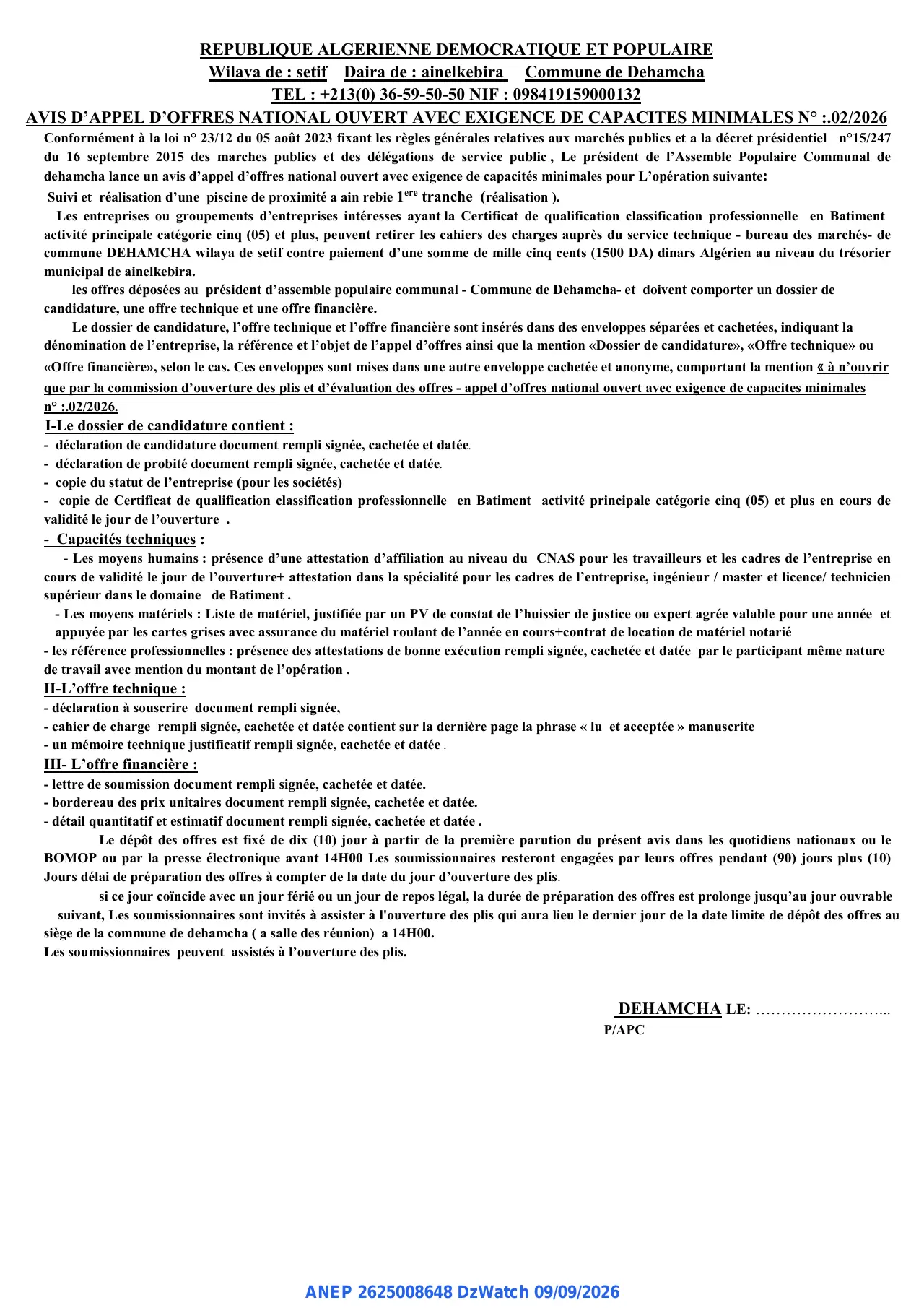 Annonce ANEP 2625008648 : AVIS D'APPEL D'OFFRES NATIONAL OUVERT AVEC EXIGENCE DE CAPACITES MINIMALES, Commune de Dehamcha