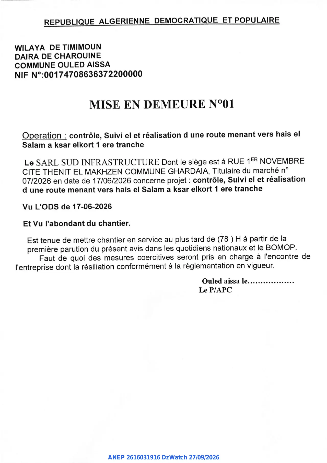 Annonce ANEP 2616031916 : MISE EN DEMEURE, COMMUNE OULED AISSA
