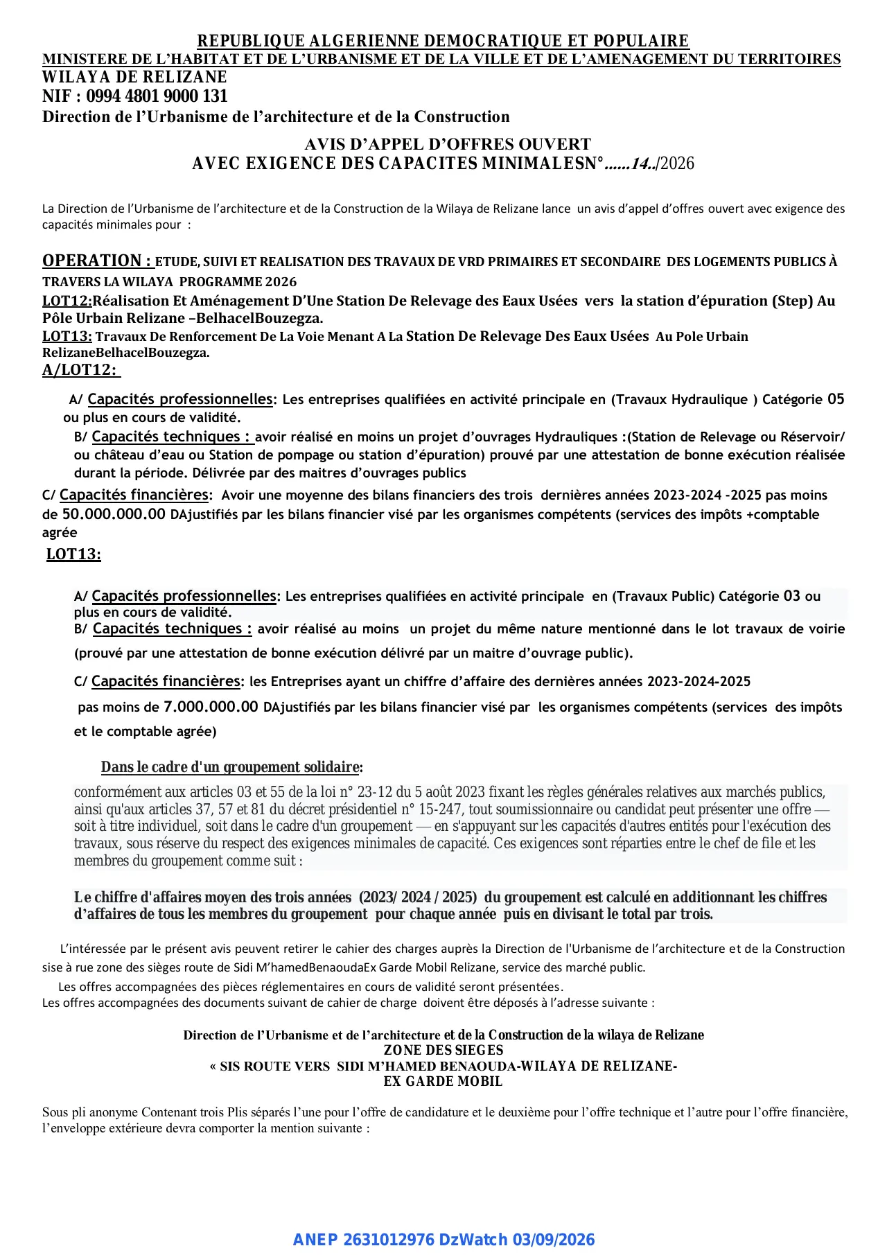 Annonce ANEP 2631012976 : AVIS D'APPEL D'OFFRES OUVERT, Direction de l'Urbanisme de l'architecture et de la Construction RELIZANE