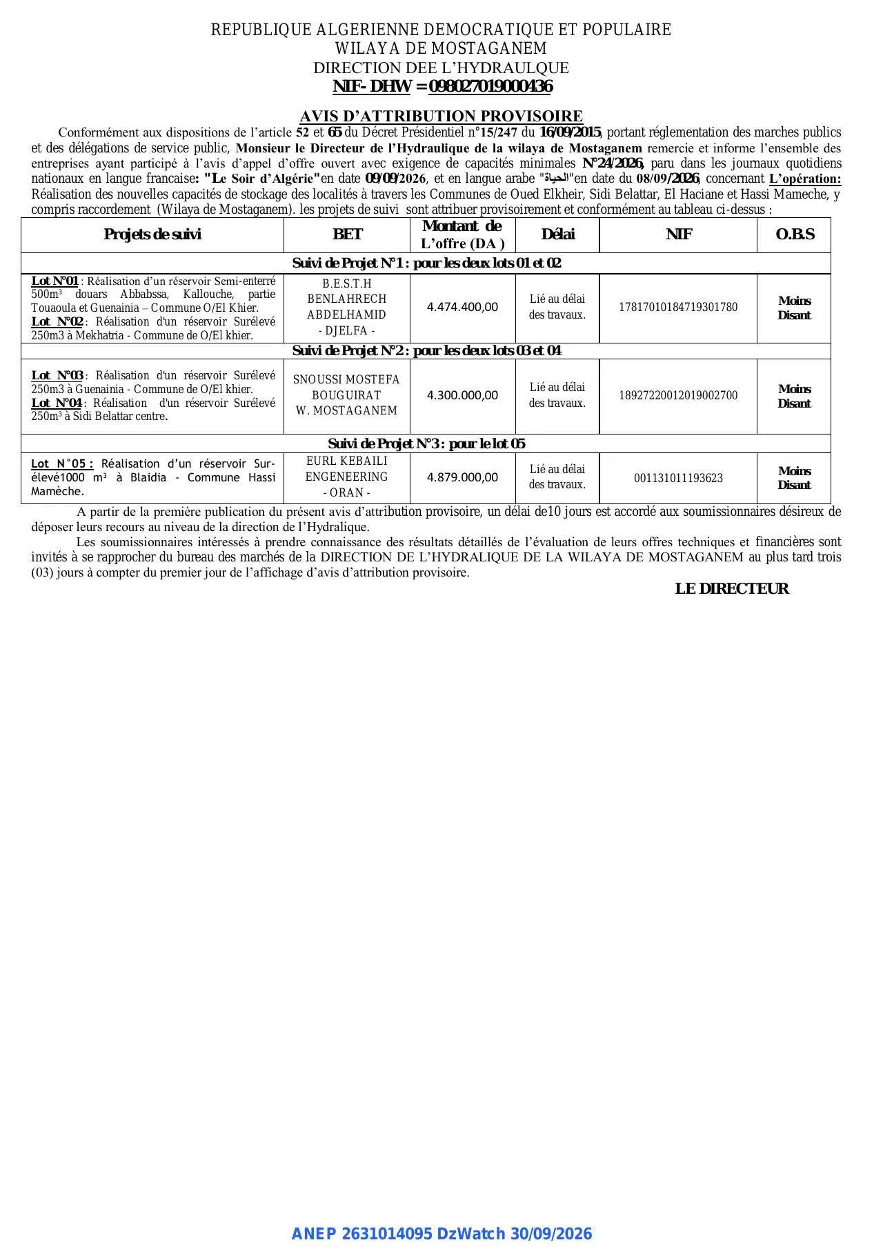 Annonce ANEP 2631014095 : AVIS D'ATTRIBUTION PROVISOIRE, DIRECTION DEE L'HYDRAULQUE WILAYA DE MOSTAGANEM