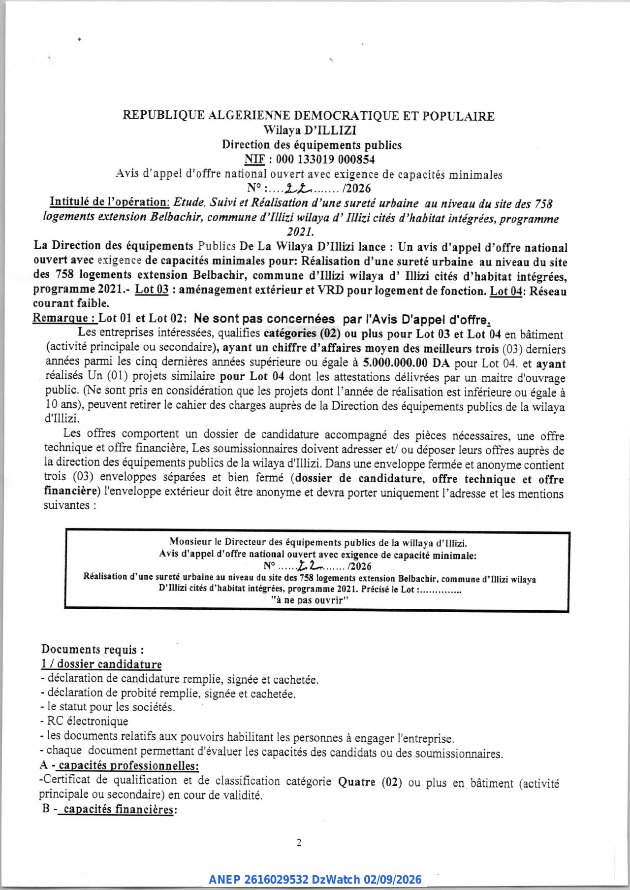 Annonce ANEP 2616029532 : Avis d'appel d'offre national ouvert avec exigence de capacités minimales, DIRECTION DES EQUIPEMENTS PUBLICS ILLIZI