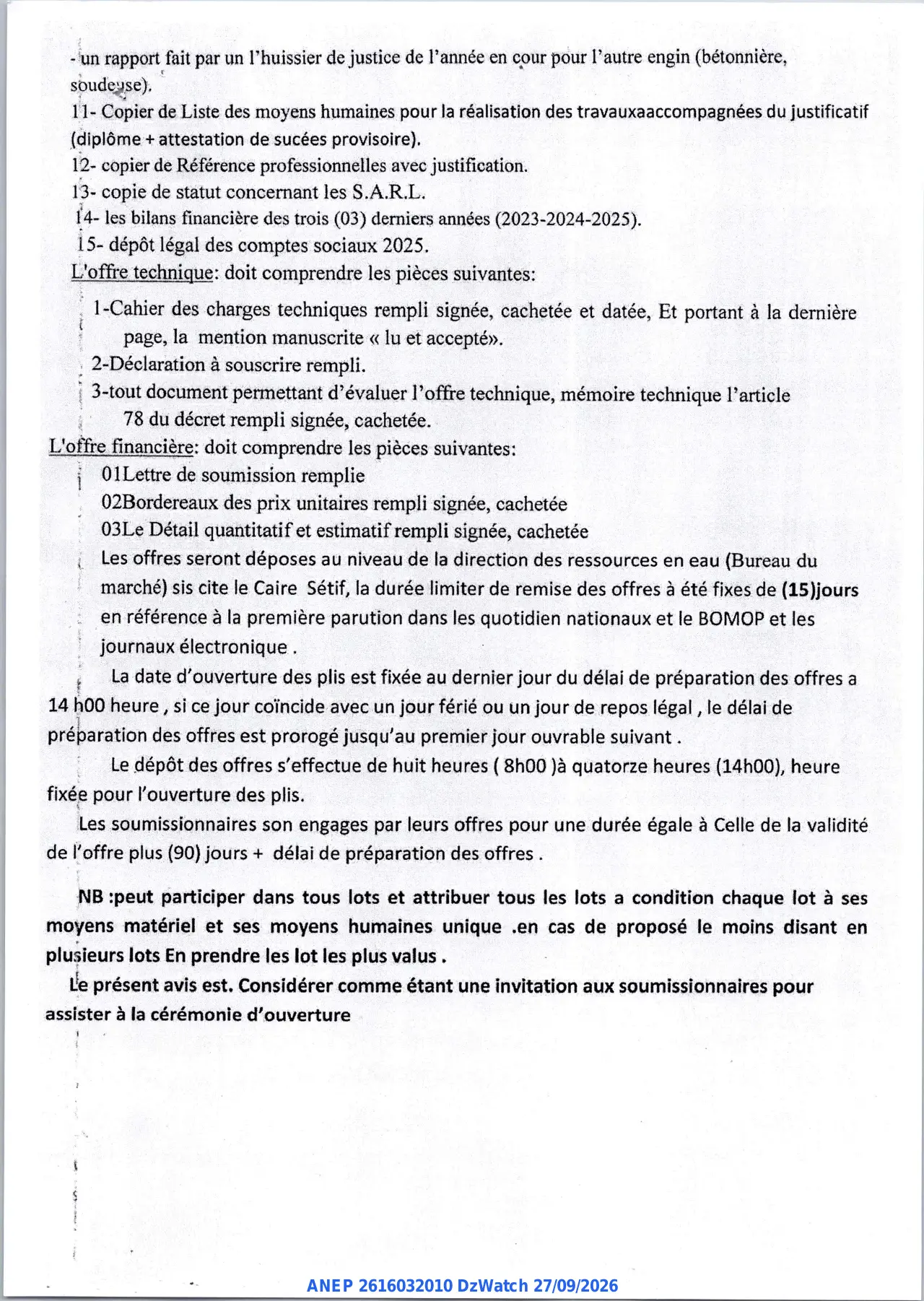 Annonce ANEP 2616032010 : AVIS D'APPEL D'OFFRE OUVERT, Direction de L'HYDRAULIQUE de la wilaya de sétif
