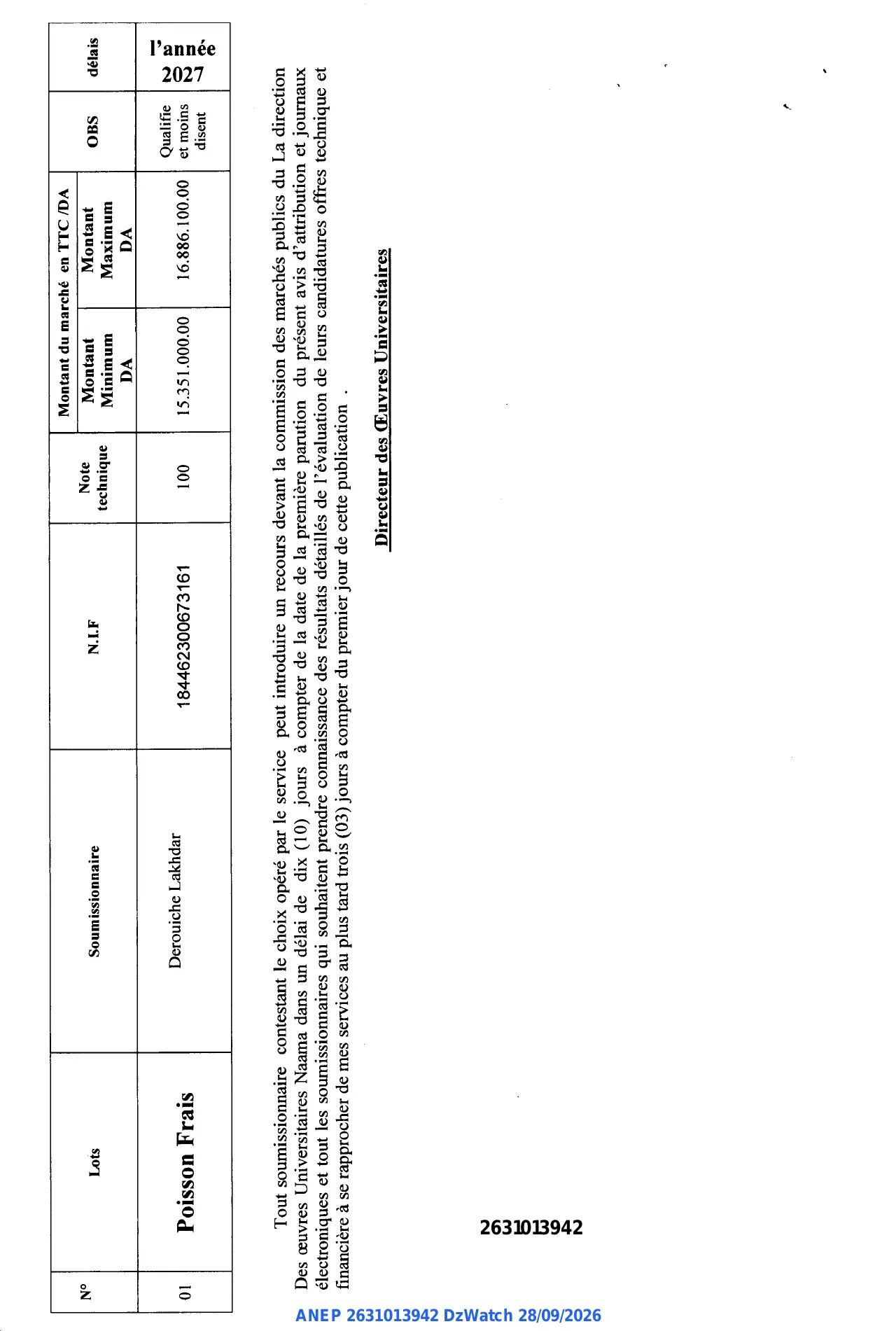 Annonce ANEP 2631013942 : AVIS D'ATTRIBUTION PROVISOIRE DE MARCHES, Office national des œuvres universitaires Direction des œuvres universitaires de Naama