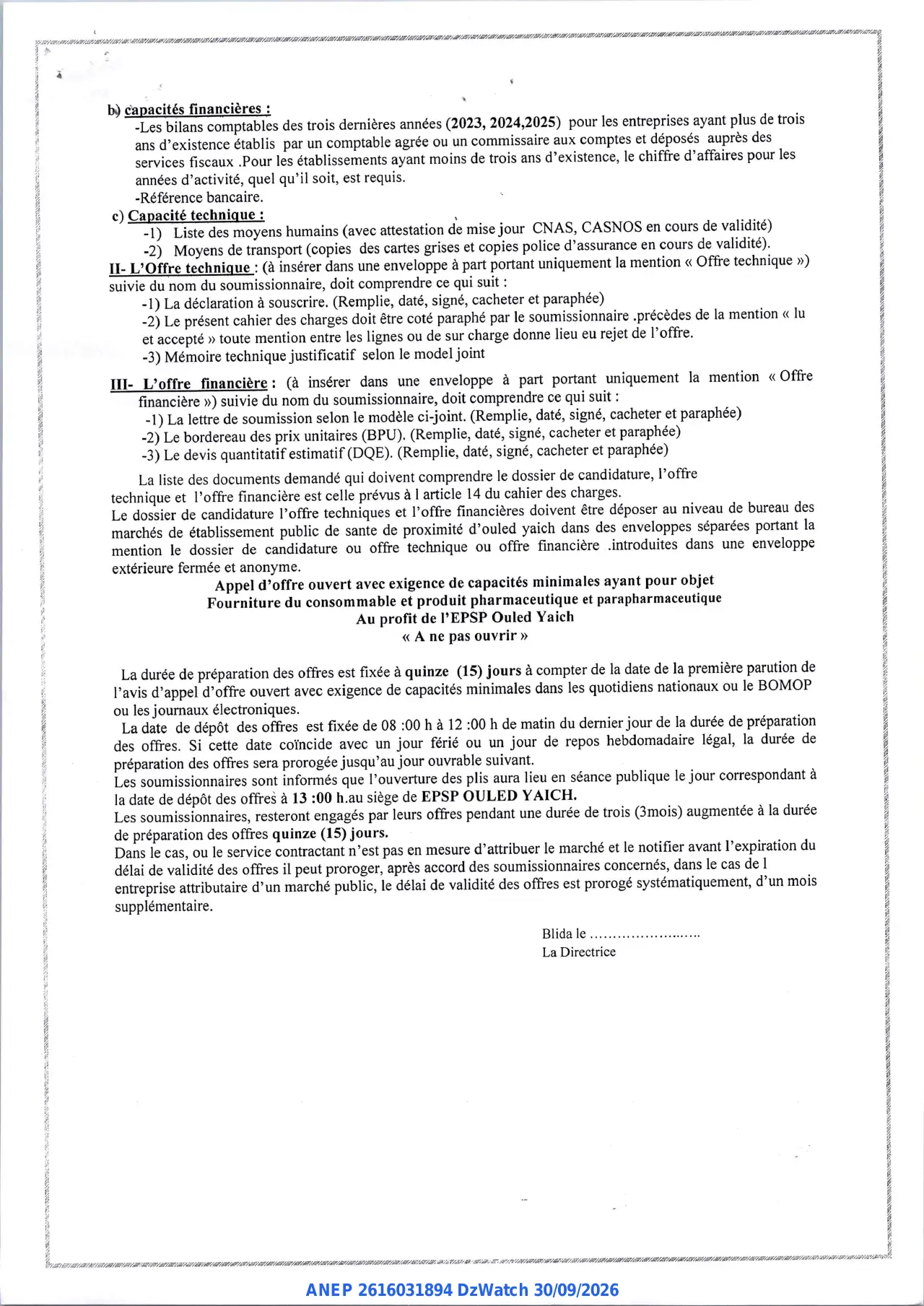 Annonce ANEP 2616031894 : AVIS D'APPEL D'OFFRES OUVERT AVEC EXIGENCE DE CAPACITES MINIMALES, ETABLISSEMENT PUBLIC DE SANTE DE PROXIMITE D'OULED YAICH