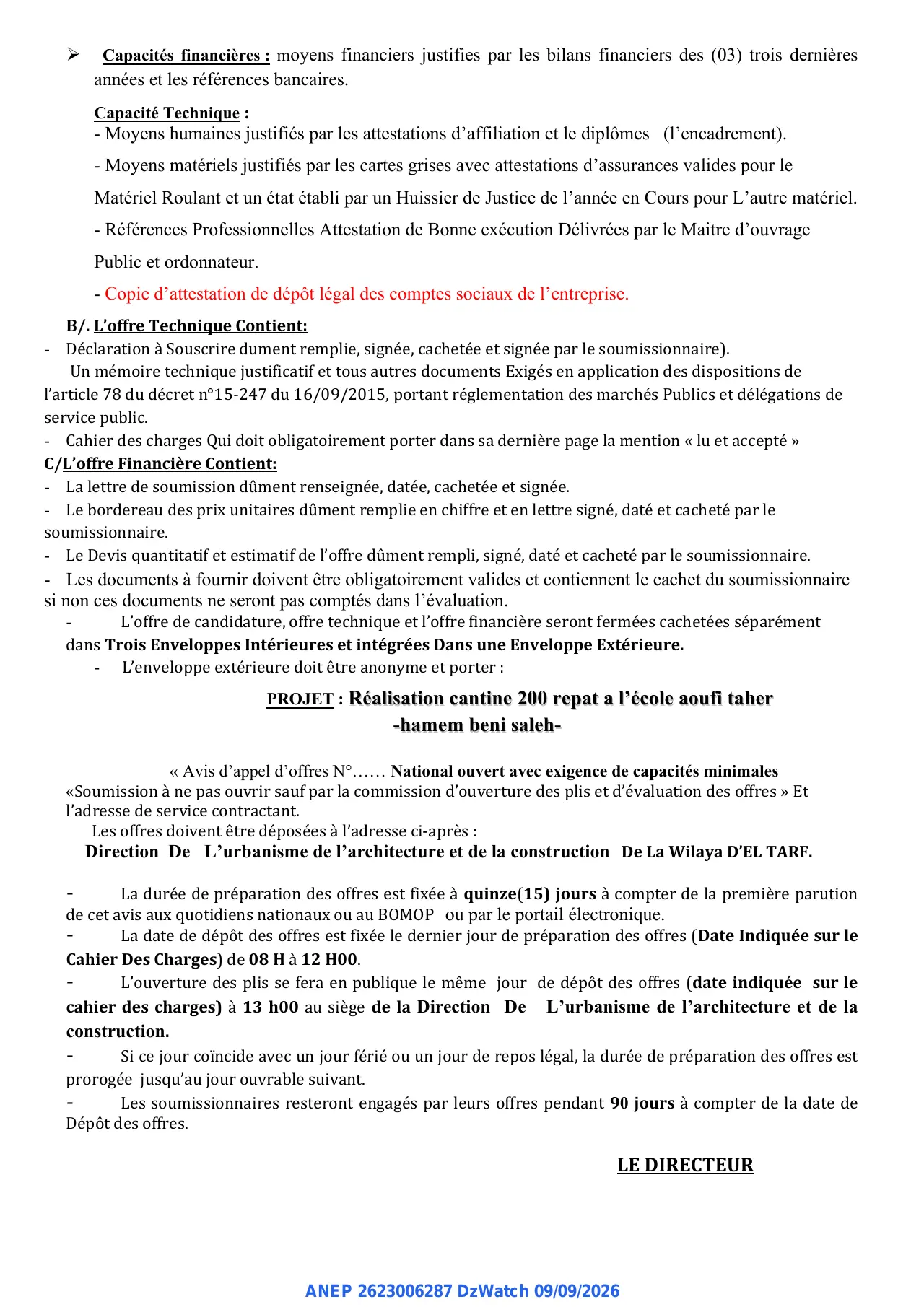 Annonce ANEP 2623006287 : AVIS D'APPEL D'OFFRES NATIONAL N° ......OUVERT AVEC EXIGENCE DES CAPACITES MINIMALES, DIRECTION DE L'URBANISME DE L'ARCHITECTURE E DE LA CONSTRUCTION WILAYA D'EL TARF