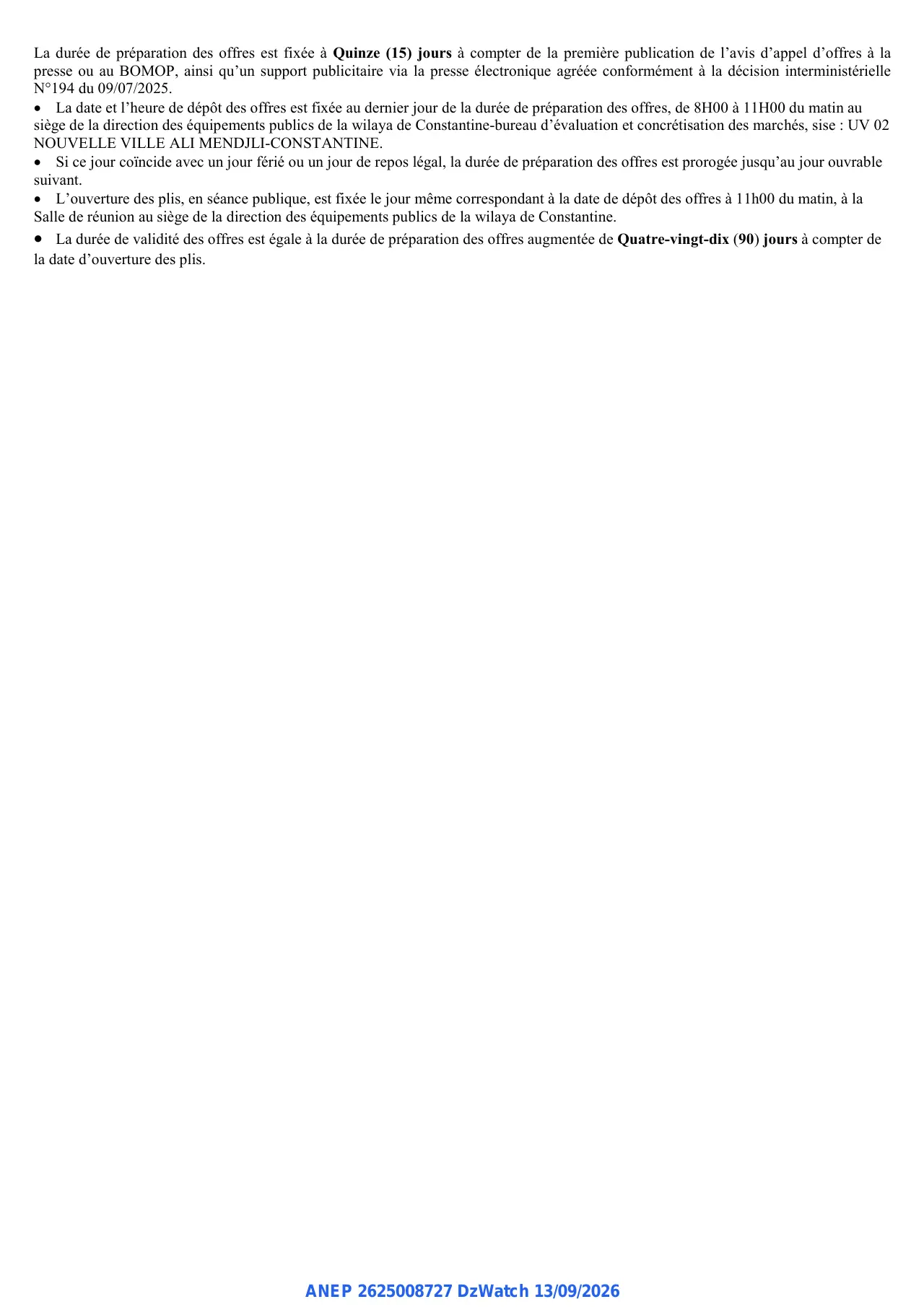 Annonce ANEP 2625008727 : AVIS D'APPEL D'OFFRES NATIONAL OUVERT, DIRECTION DES EQUIPEMENTS PUBLICS CONSTANTINE