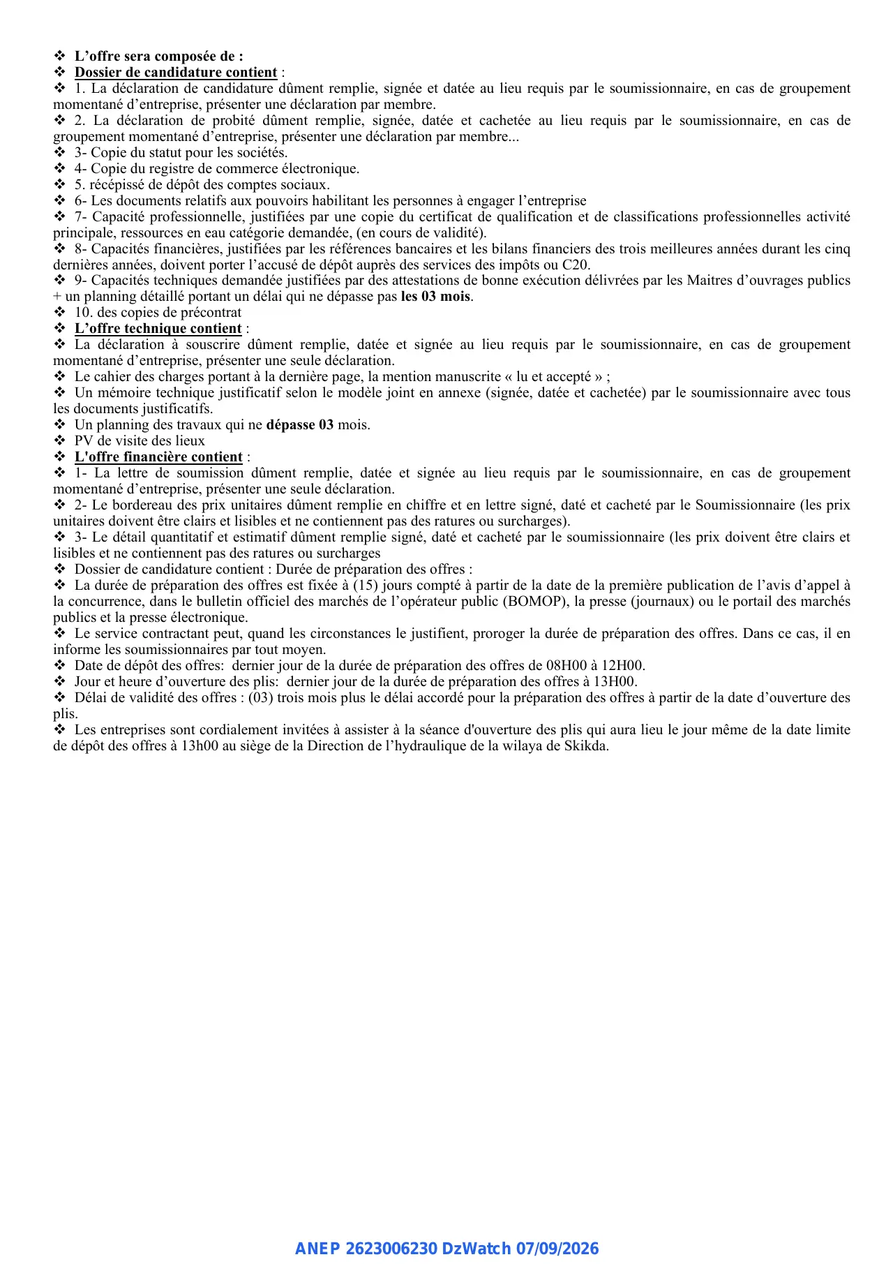 Annonce ANEP 2623006230 : AVIS D'APPEL D'OFFRES NATIONAL OUVERT, Direction de l'Hydraulique de la wilaya de Skikda
