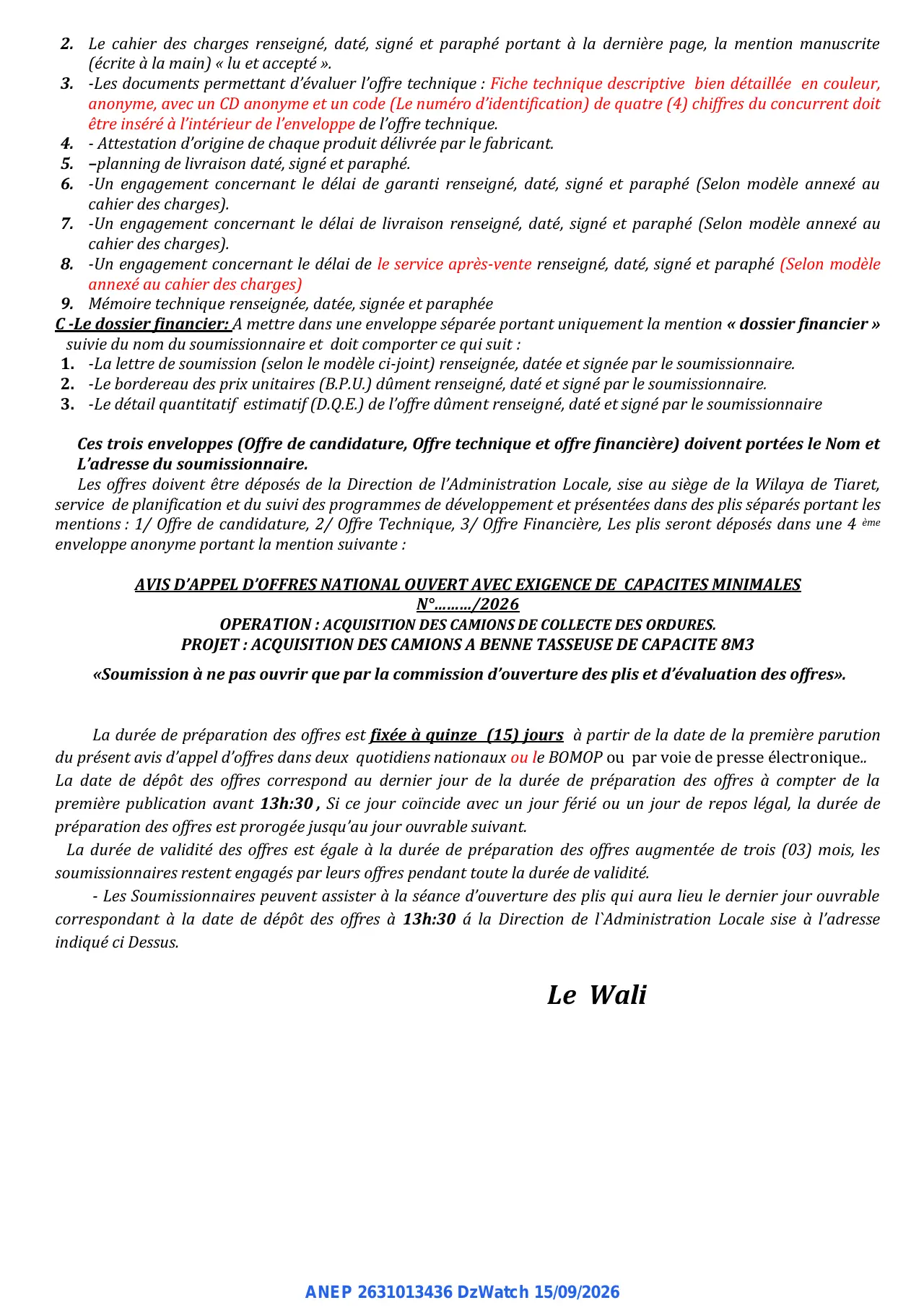 Annonce ANEP 2631013436 : AVIS D'APPEL D'OFFRES NATIONAL OUVERT AVEC EXIGENCE DE CAPACITES MINIMALES, WILAYA DE TIARET