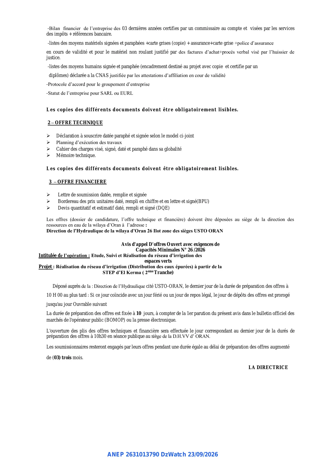 Annonce ANEP 2631013790 : Avis d'appel D'offres National Ouvert avec exigences, DIRECTION DE L'HYDRAULIQUE DE LA WILAYA D'ORAN