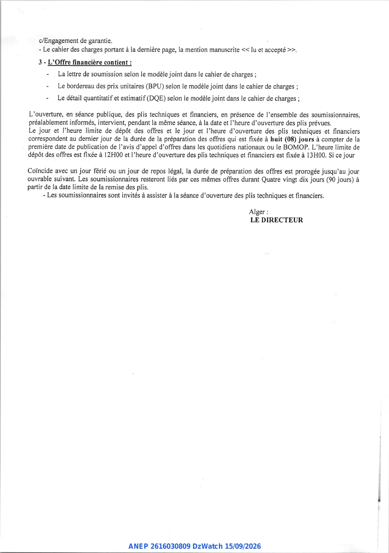 Annonce ANEP 2616030809 : AVIS D'APPEL D'OFFRES NATIONAL, L'Ecole Supérieure des Sciences de l'Aliment et des Industries Agroalimentaires