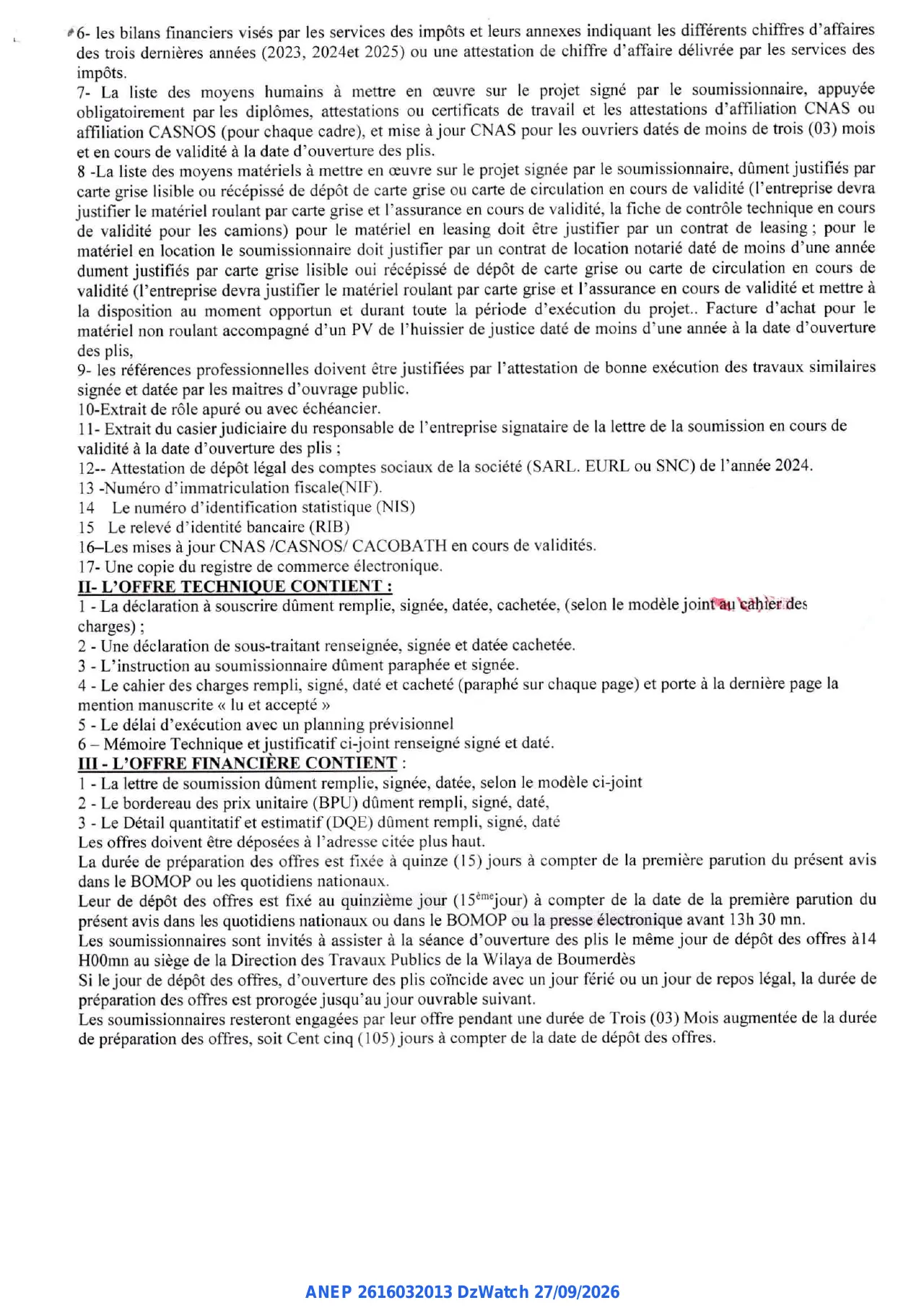 Annonce ANEP 2616032013 : RELANCE D'AVIS D'APPEL D'OFFRES NATIONAL OUVERT, DIRECTION DES TRAVAUX PUBLICSDE LA WILAYA DE BOUMERDES