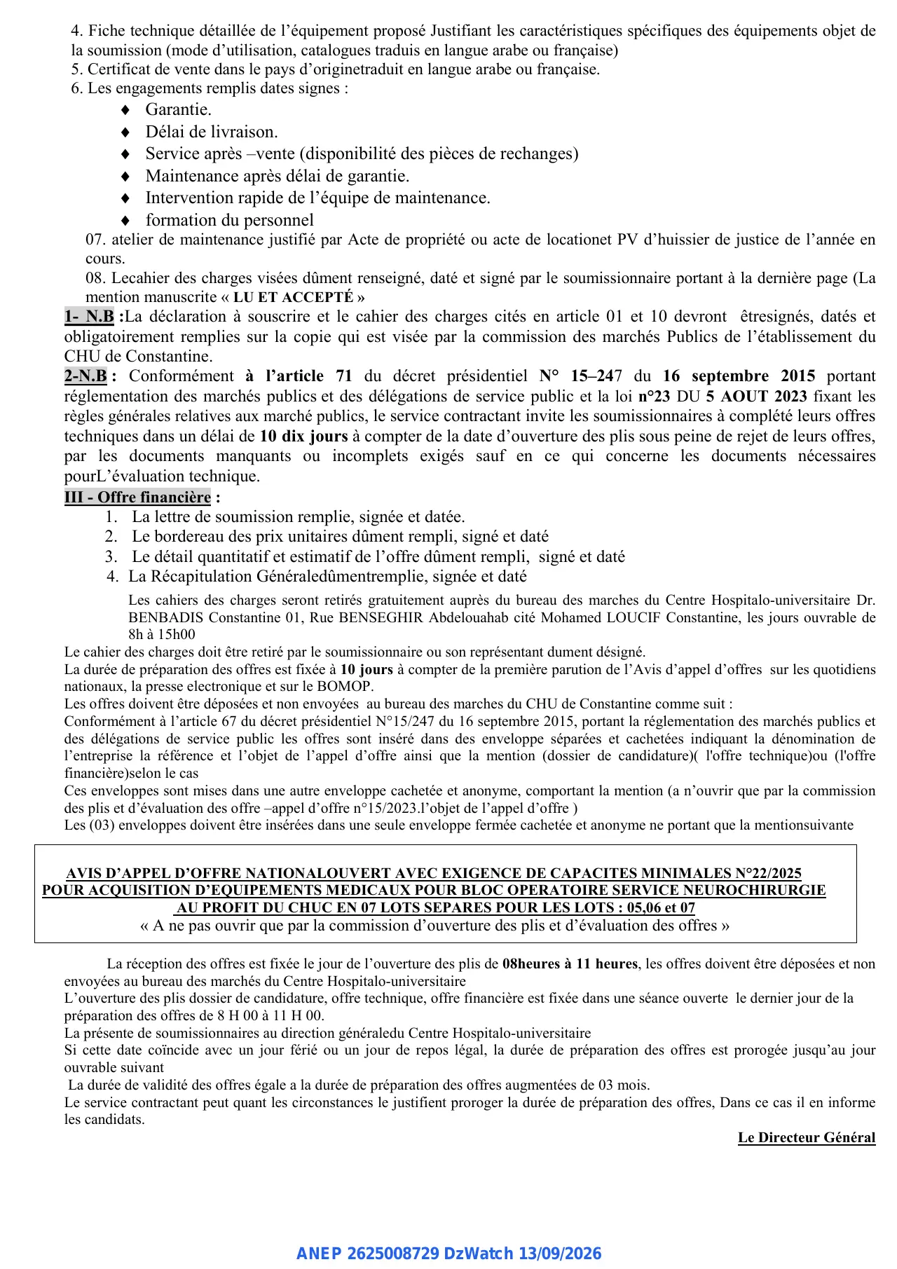 Annonce ANEP 2625008729 : AVIS D'APPEL D'OFFRE NATIONAL OUVERT AVEC EXIGENCE DE CAPACITES MINIMALES, Centre Hospitalo-universitaire Dr. Benbadis De Constantine
