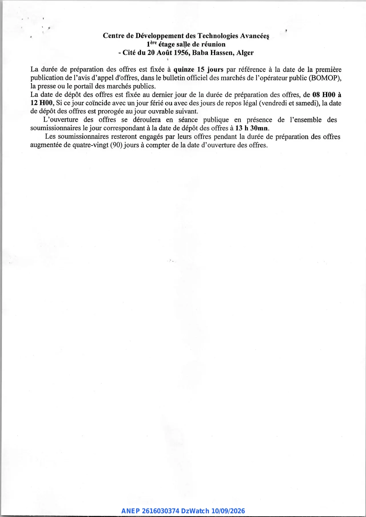 Annonce ANEP 2616030374 : Avis d'Appel d'Offres National Ouvert, Centre de Développement des Technologies Avancées