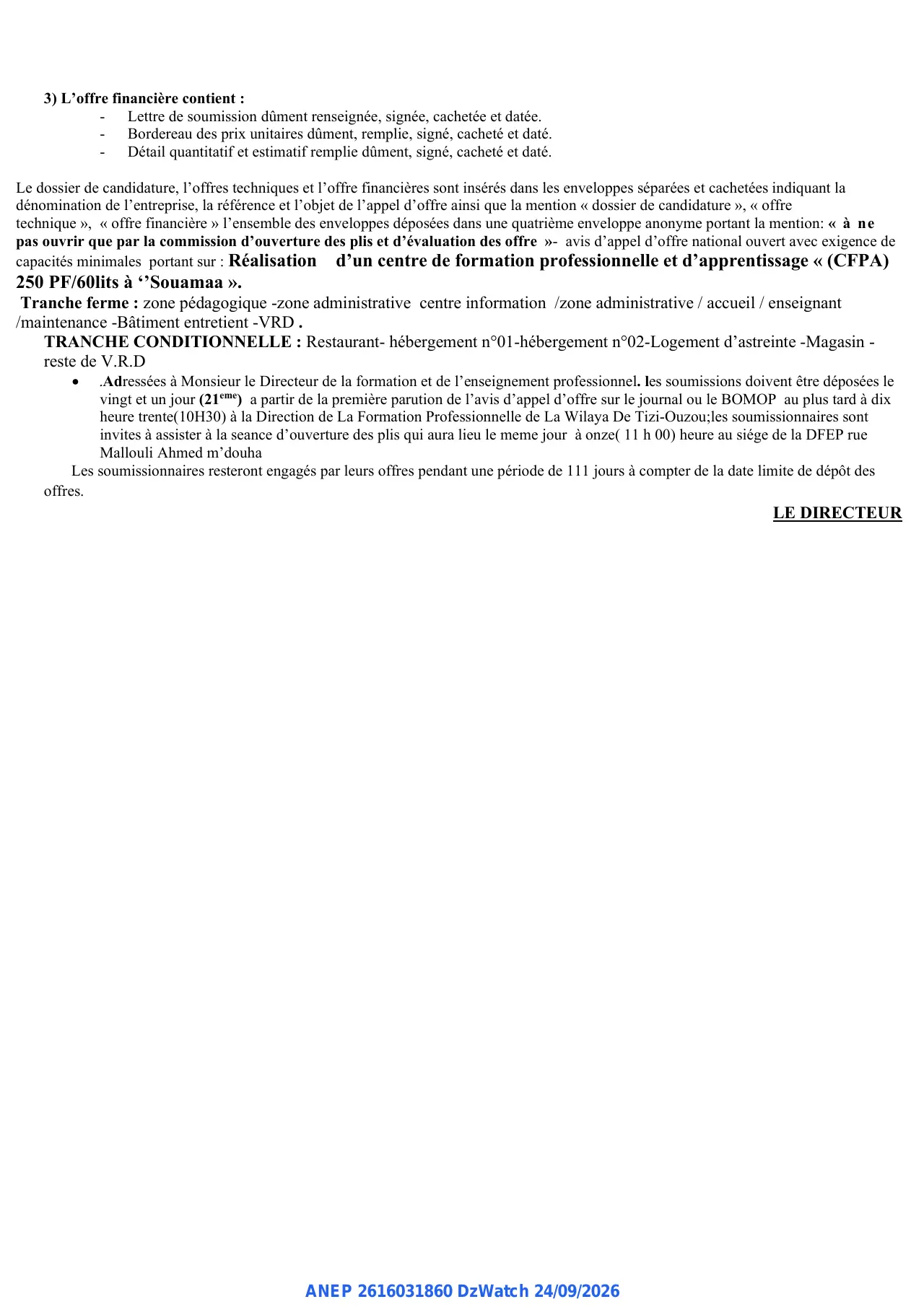 Annonce ANEP 2616031860 : avis d'appel d'offre national ouvert avec exigence de capacités minimales, DIRECTION DE LA FORMATION ET DEL'ENSEIGNEMENT PROFESSIONNELS DE LA WILAYA DE TIZI-OUZOU