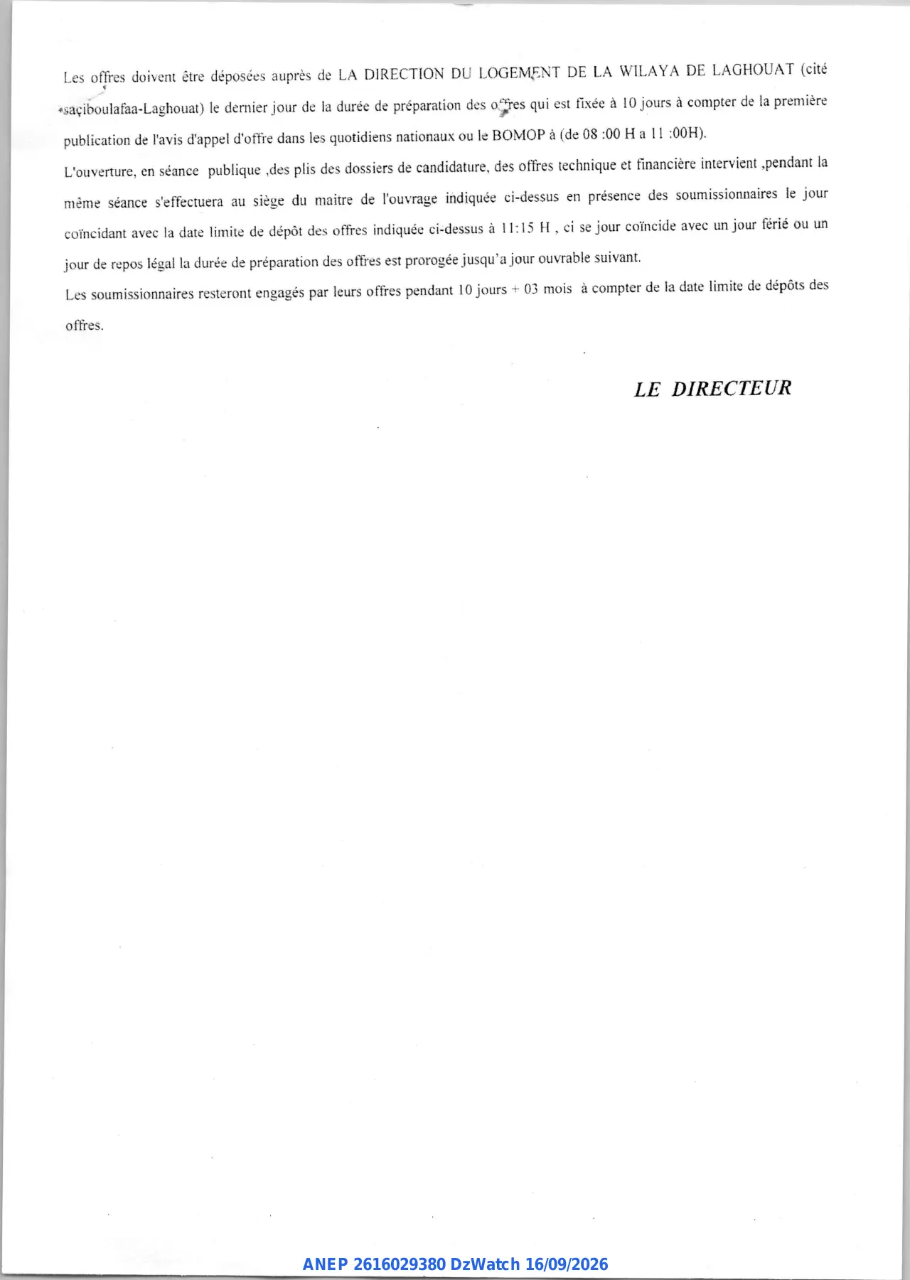 Annonce ANEP 2616029380 : AVIS D'APPEL D'OFFRES OUVERT, DIRECTION DU LOGEMENT WILAYA DE LAGHOUAT