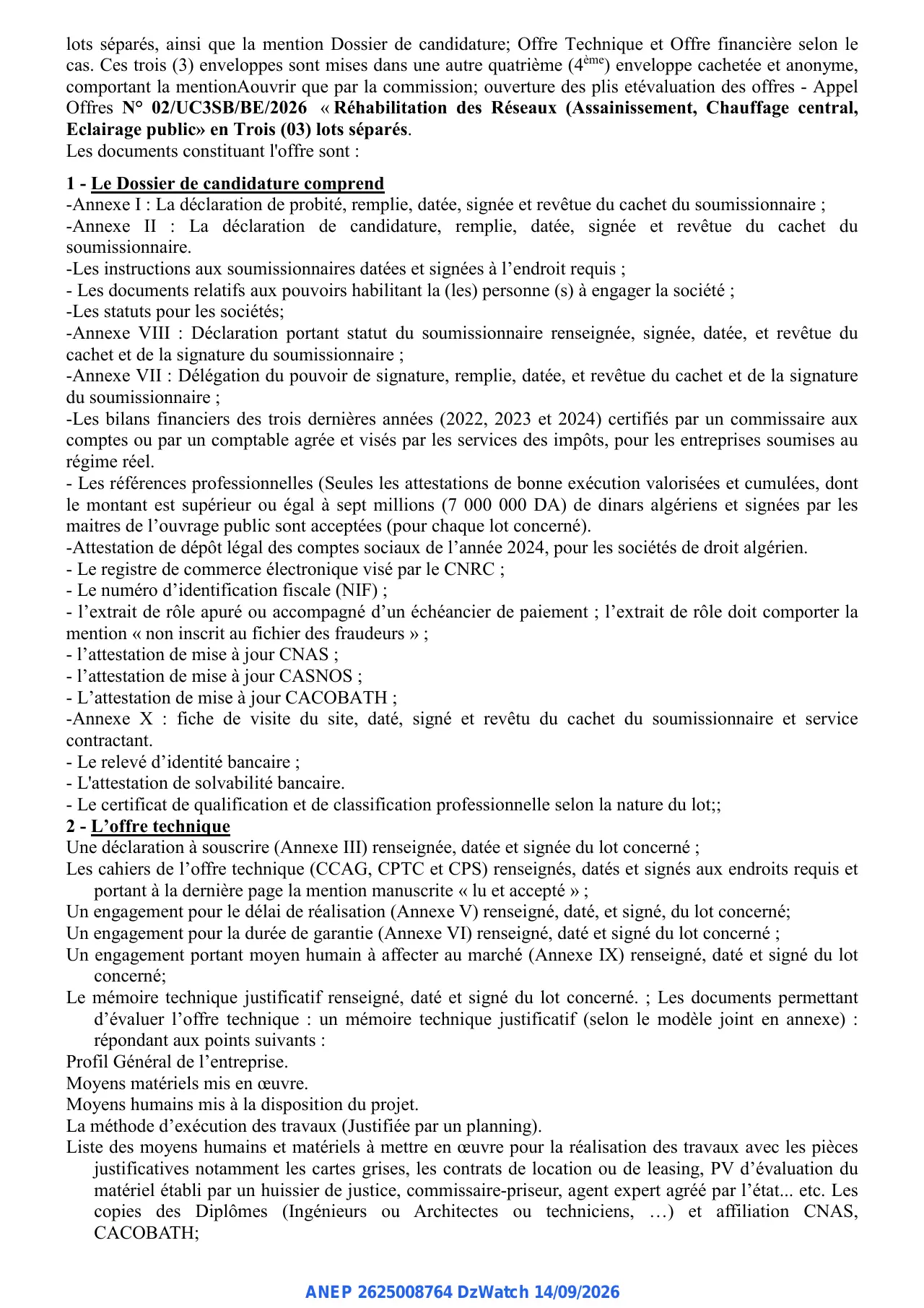 Annonce ANEP 2625008764 : Avis appel d'Offres National Ouvert avec exigence de capacités minimales, Université Constantine 3, Salah BOUBNIDER