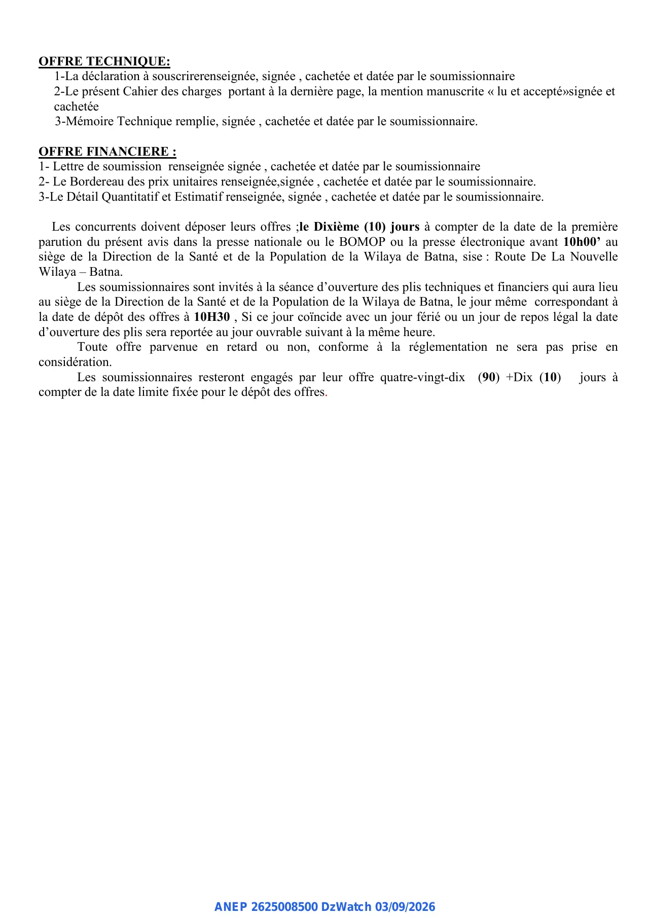 Annonce ANEP 2625008500 : AVIS D'APPEL D'OFFRES OUVERT, WILAYA DE BATNA DIRECTION DE LA SANTE ET DE LA POPULATION