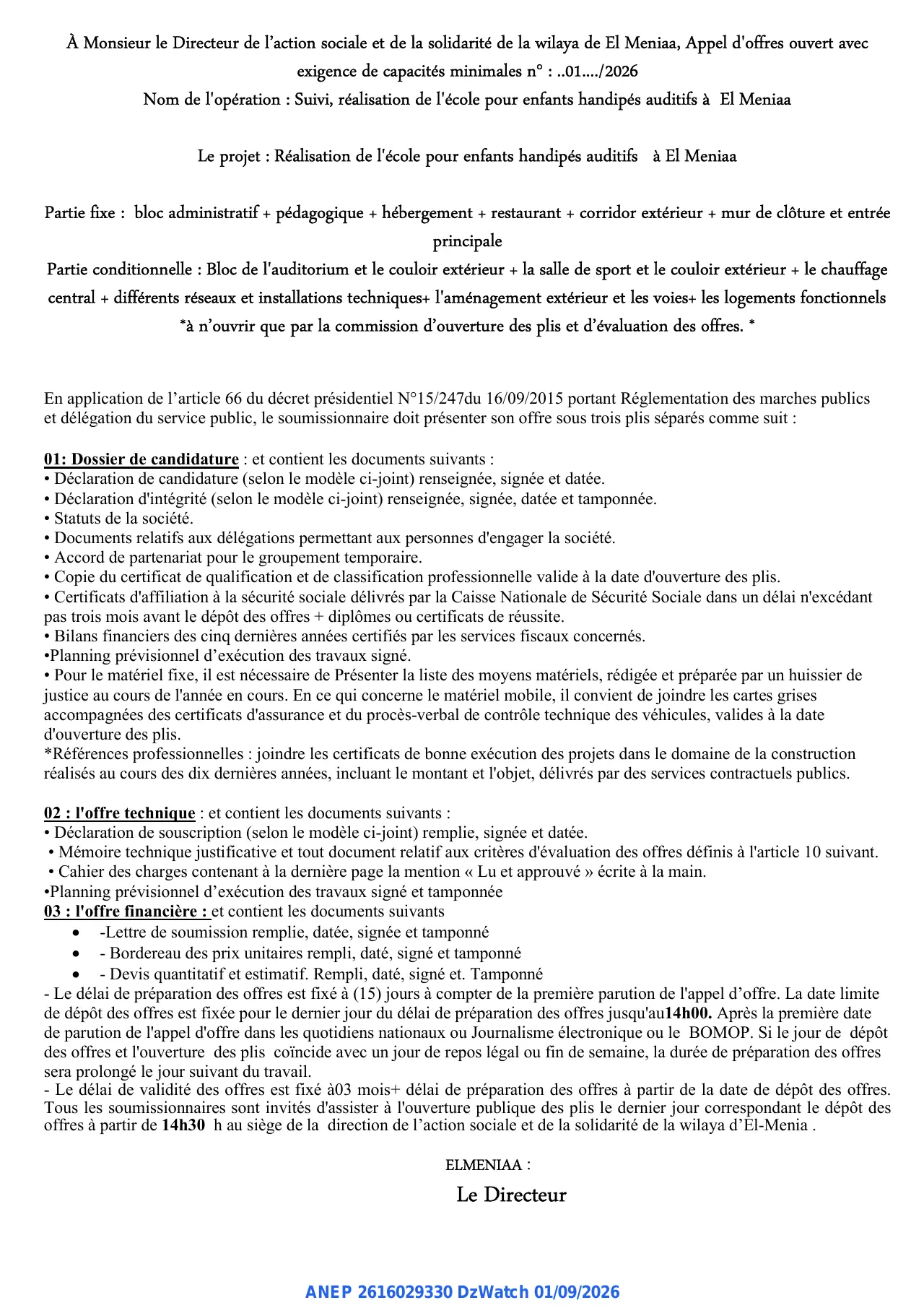 Annonce ANEP 2616029330 : AVIS D'APPEL D'OFFRES OUVERT AVEC EXIGENCE DE CAPACITES MINIMALES, La direction de l'action sociale et de la solidarité de la Wilaya de El Meniaa