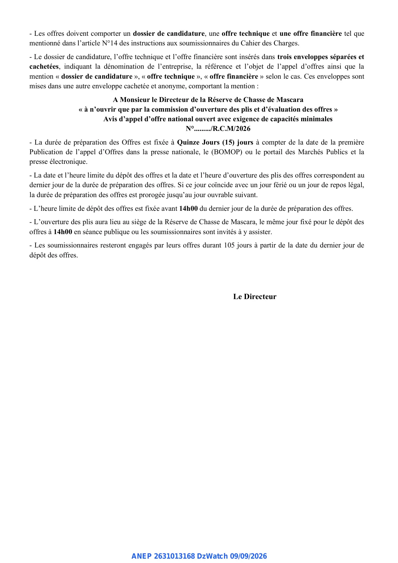 Annonce ANEP 2631013168 : AVIS D'APPEL D'OFFRES NATIONAL OUVERT, RESERVE DE CHASSE DE MASCARA