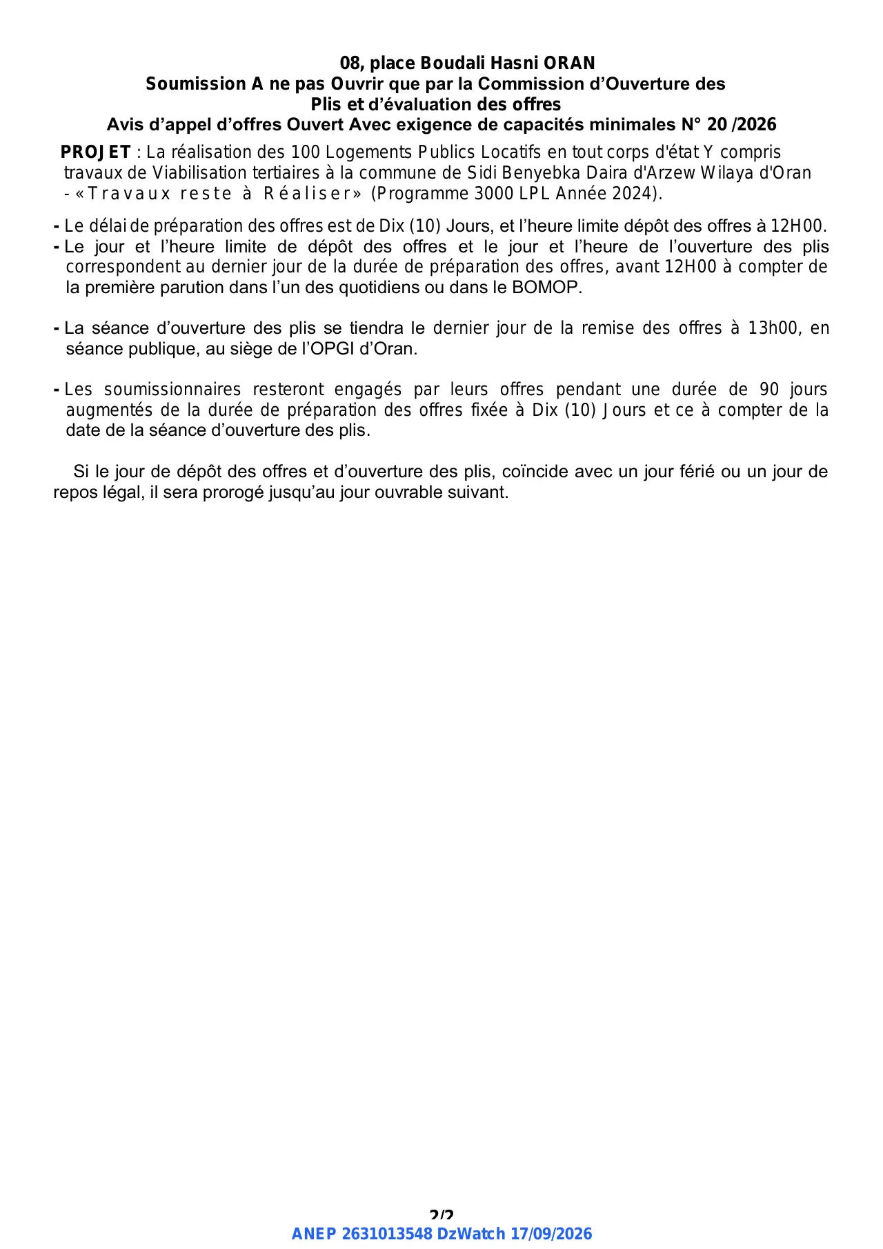 Annonce ANEP 2631013548 : Avis d'appel d'offres Ouvert, OFFICE DE PROMOTION ET DE GESTION IMMOBILIERE D'ORAN