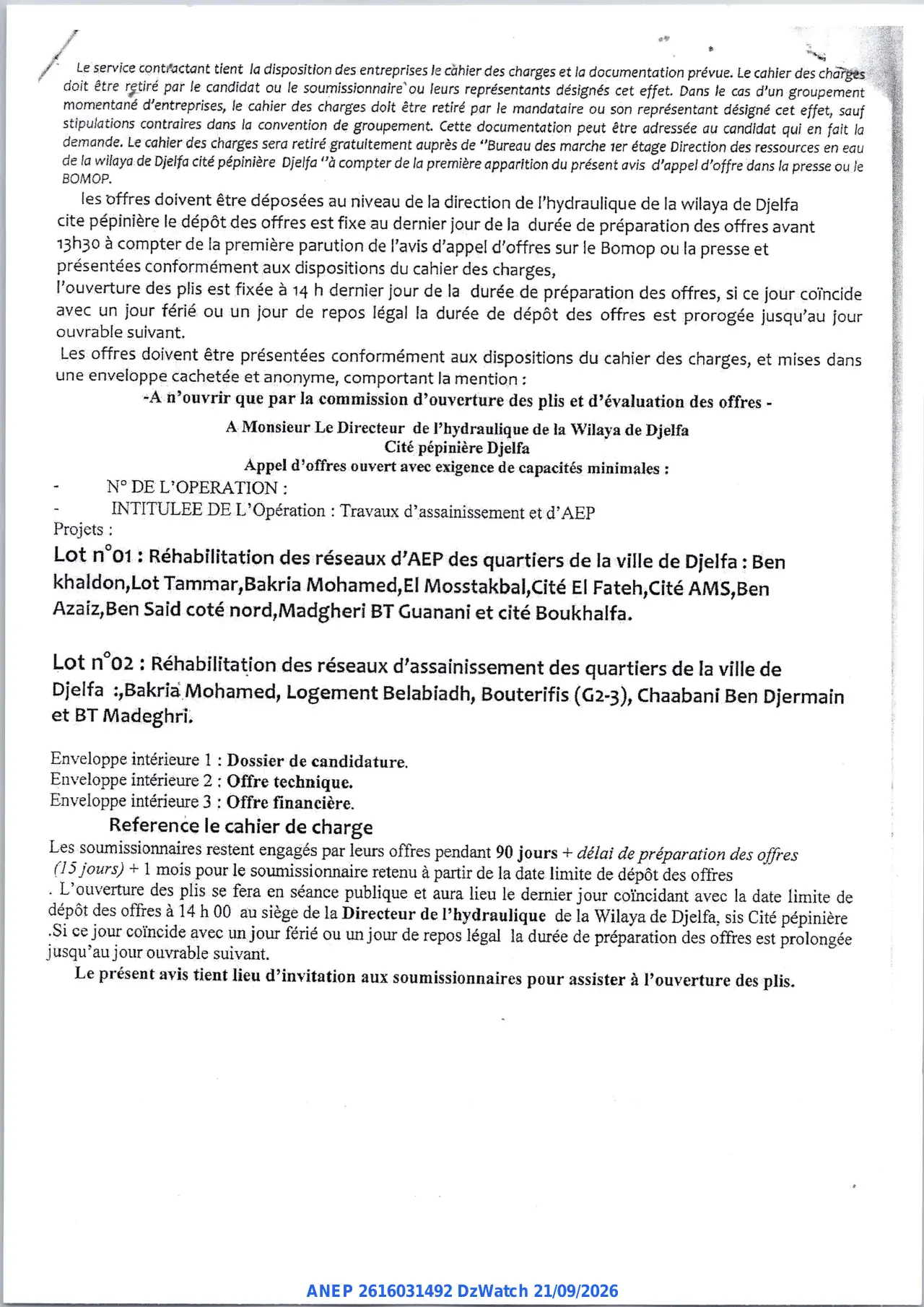 Annonce ANEP 2616031492 : Avis d'appel d'offres ouvert avec exigence de capacités minimales, WILAYA DE DJELFA DIRECTION DE L'HYDRAULIQUE