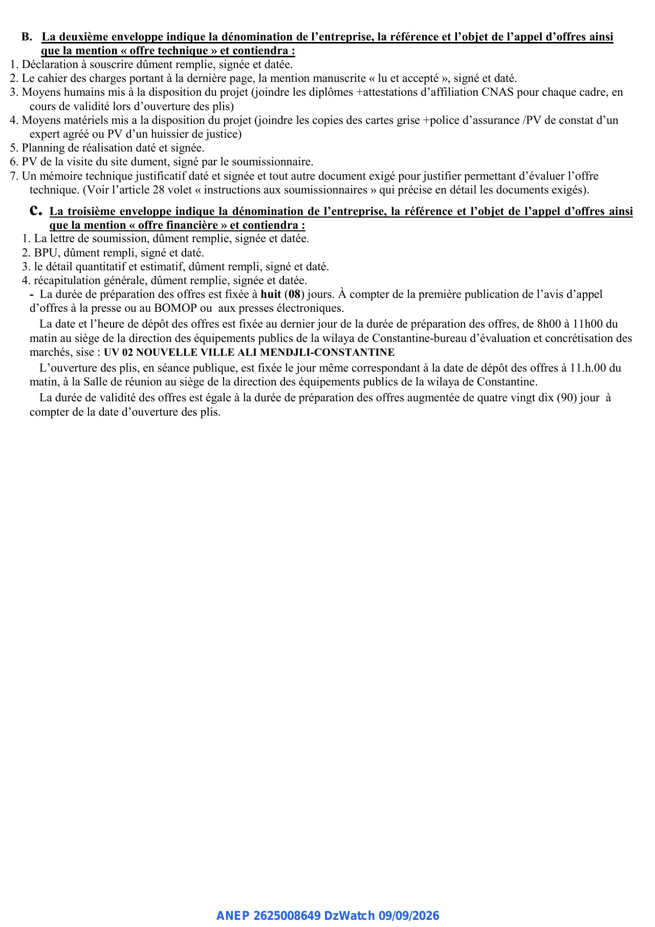 Annonce ANEP 2625008649 : AVIS D'APPEL D'OFFRES NATIONAL OUVERT AVEC EXIGENCE DE CAPACITES MINIMALES, DIRECTION DES EQUIPEMENTS PUBLICS CONSTANTINE