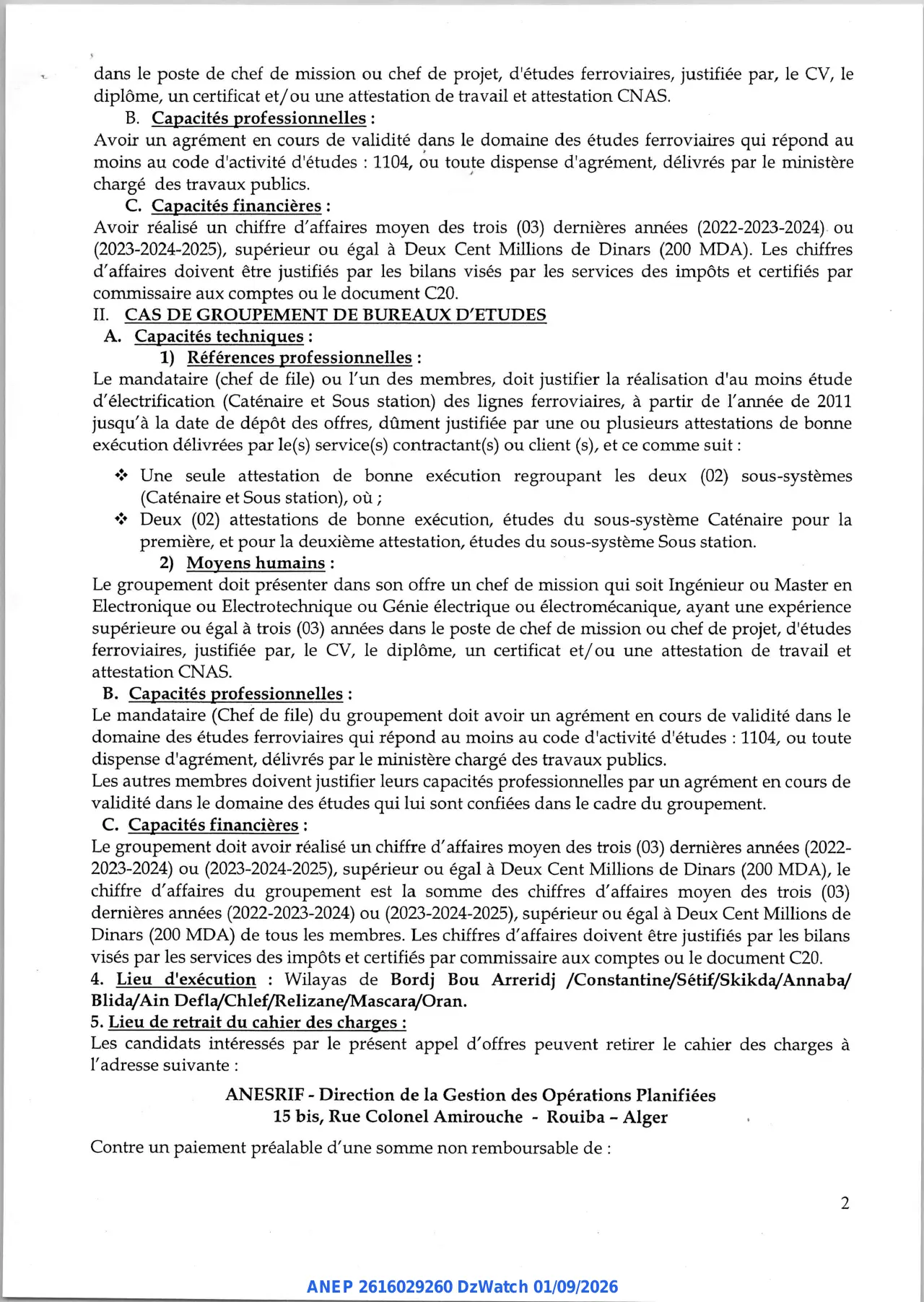 Annonce ANEP 2616029260 : AVIS D'APPEL D'OFFRES NATIONAL OUVERT, Agence Nationale d'Etudes et de Suivi de la Réalisation des Investissements Ferroviaires