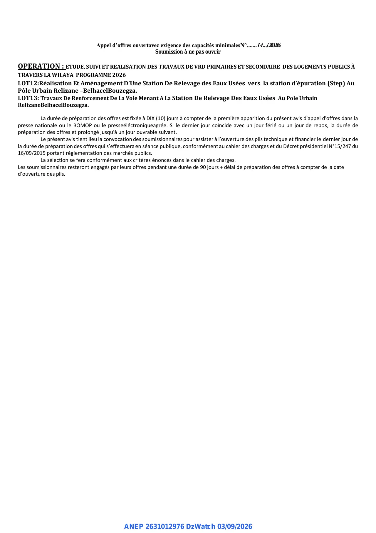 Annonce ANEP 2631012976 : AVIS D'APPEL D'OFFRES OUVERT, Direction de l'Urbanisme de l'architecture et de la Construction RELIZANE