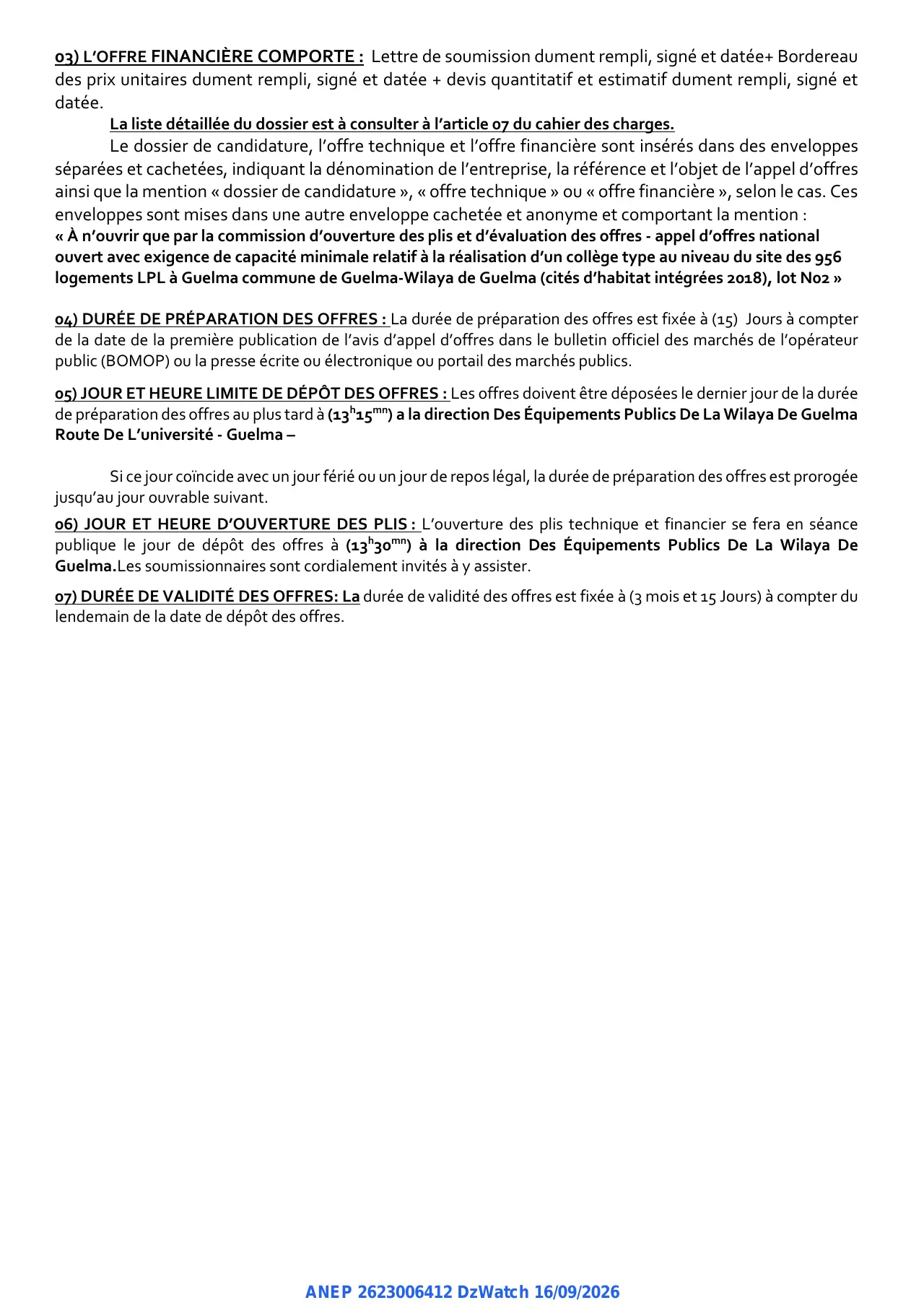 Annonce ANEP 2623006412 : AVIS D'APPEL D'OFFRES NATIONAL OUVERT AVEC EXIGENCE DE CAPACITES MINIMALES APRES ANNULATION, Direction des Équipements Publics de la Wilaya de Guelma