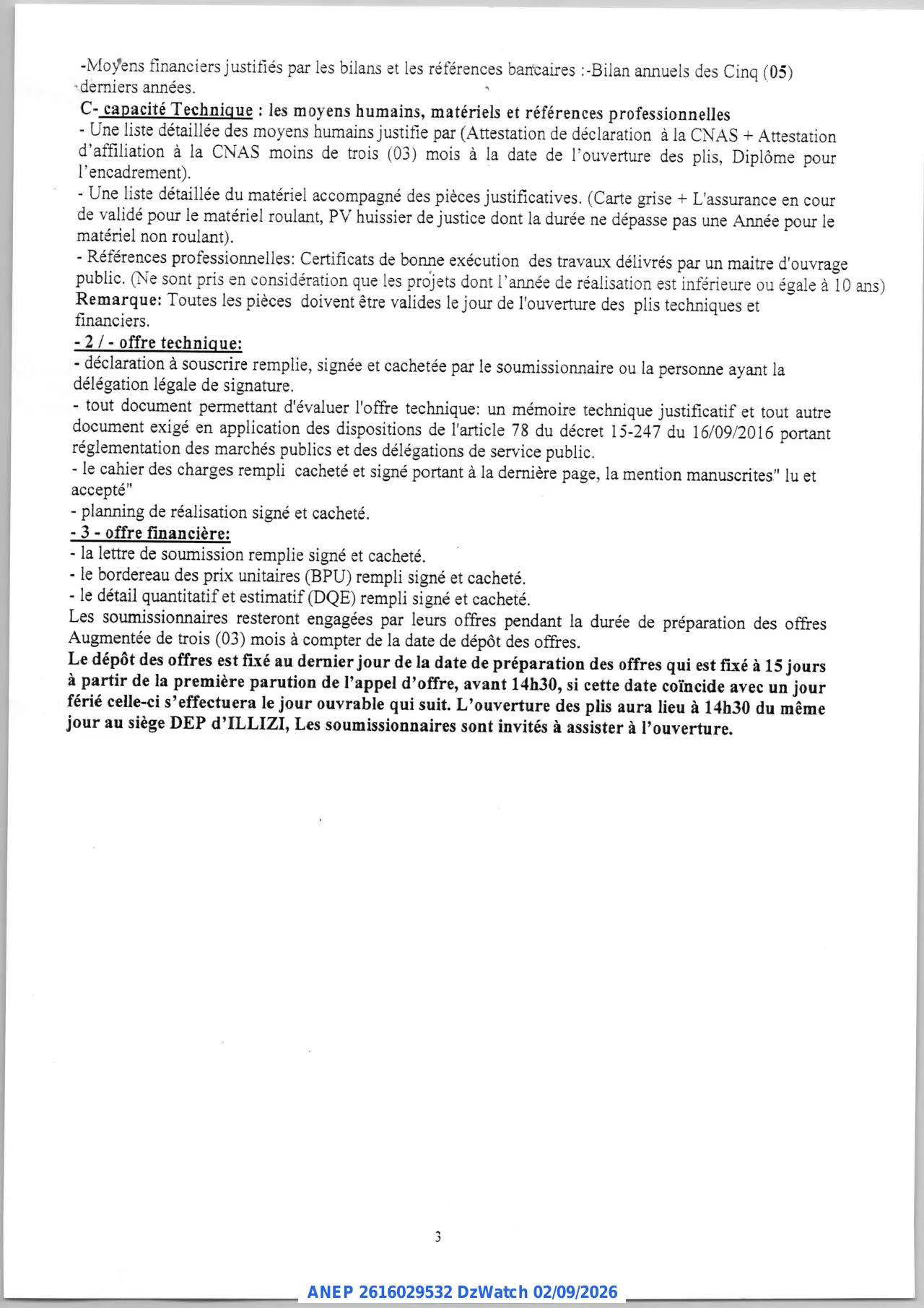 Annonce ANEP 2616029532 : Avis d'appel d'offre national ouvert avec exigence de capacités minimales, DIRECTION DES EQUIPEMENTS PUBLICS ILLIZI