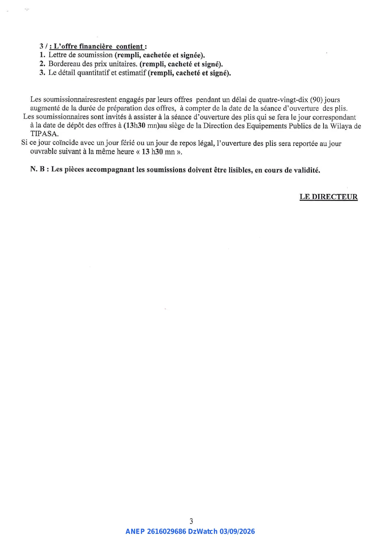 Annonce ANEP 2616029686 : AVIS D'APPEL D'OFFRES NATIONAL OUVERT AVEC EXIGENCE DE CAPACITES MINIMALES, DIRECTION DES EQUIPEMENTS PUBLICS WILAYA DE TIPASA
