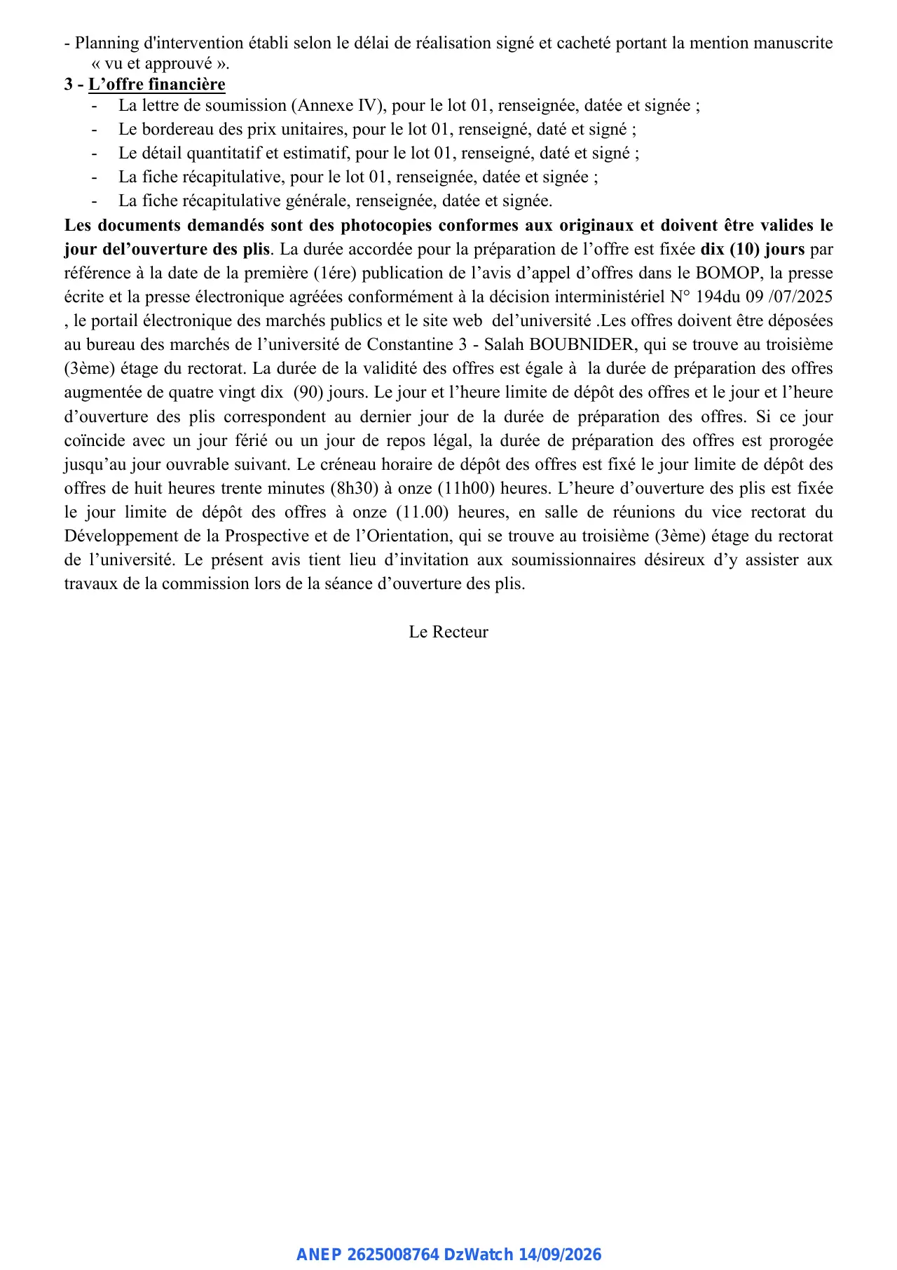 Annonce ANEP 2625008764 : Avis appel d'Offres National Ouvert avec exigence de capacités minimales, Université Constantine 3, Salah BOUBNIDER