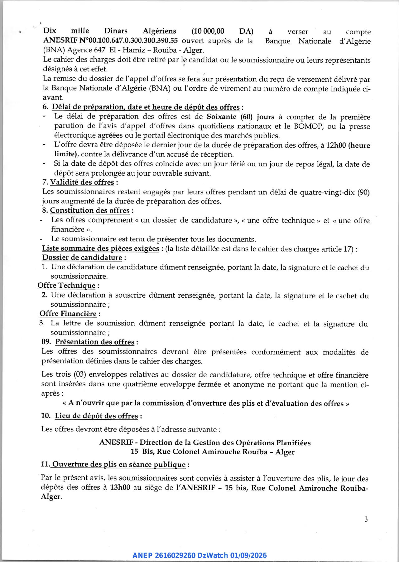 Annonce ANEP 2616029260 : AVIS D'APPEL D'OFFRES NATIONAL OUVERT, Agence Nationale d'Etudes et de Suivi de la Réalisation des Investissements Ferroviaires
