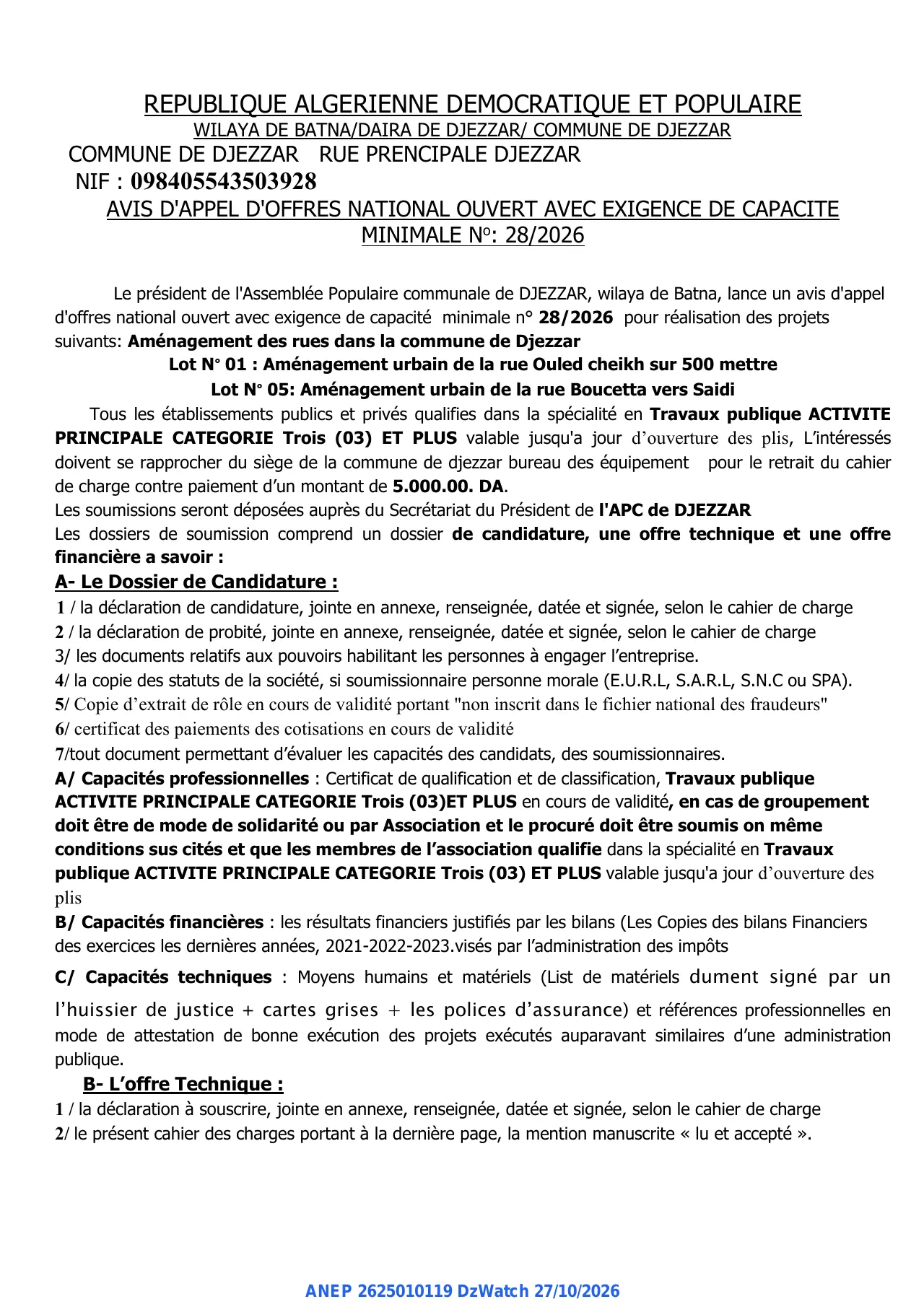 Annonce ANEP 2625010119 : AVIS D'APPEL D'OFFRES NATIONAL OUVERT AVEC EXIGENCE DE CAPACITE MINIMALE, COMMUNE DE DJEZZAR