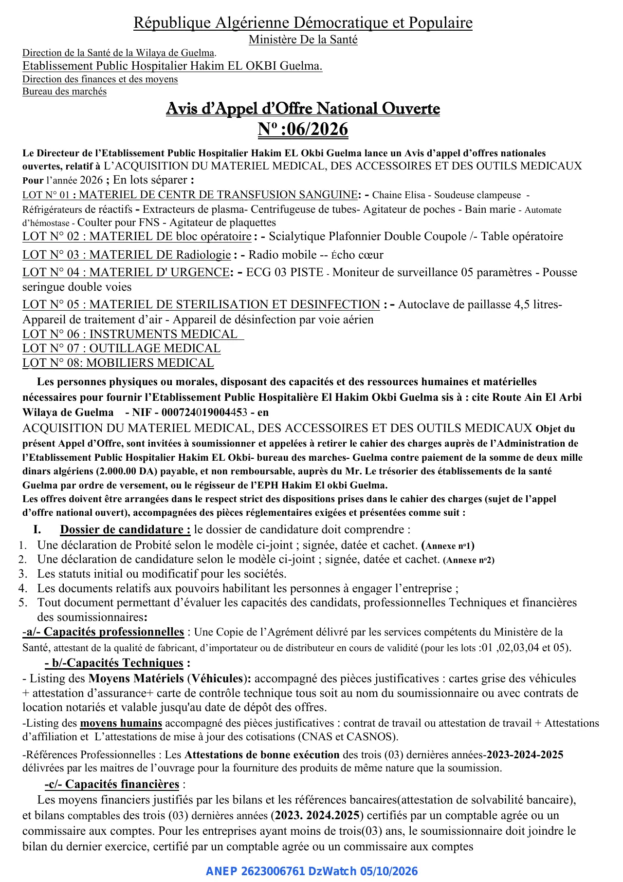 Annonce ANEP 2623006761 : Avis d'Appel d’Offre National Ouverte, Etablissement Public Hospitalier Hakim EL OKBI Guelma.