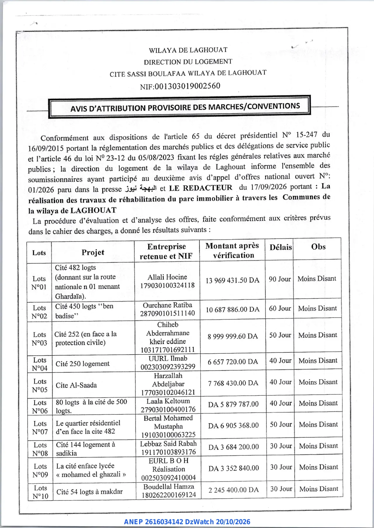 Annonce ANEP 2616034142 : AVIS D'ATTRIBUTION PROVISOIRE DES MARCHES/CONVENTIONS, WILAYA DE LAGHOUAT DIRECTION DU LOGEMENT