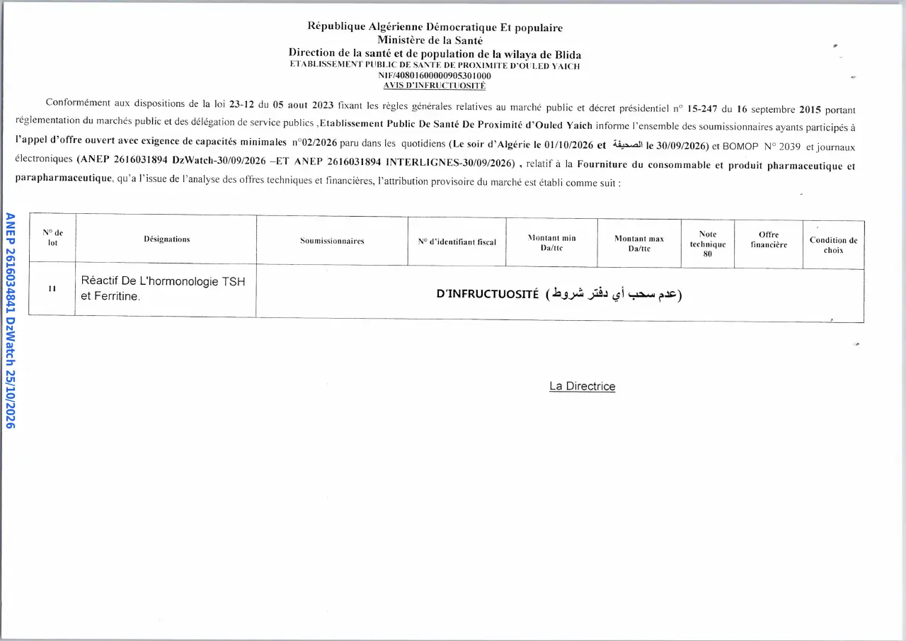 Annonce ANEP 2616034841 : AVIS D'INFRUCTUOSITÉ, ETABLISSEMENT PUBLIC DE SANTE DE PROXIMITE D'OULED YAICH