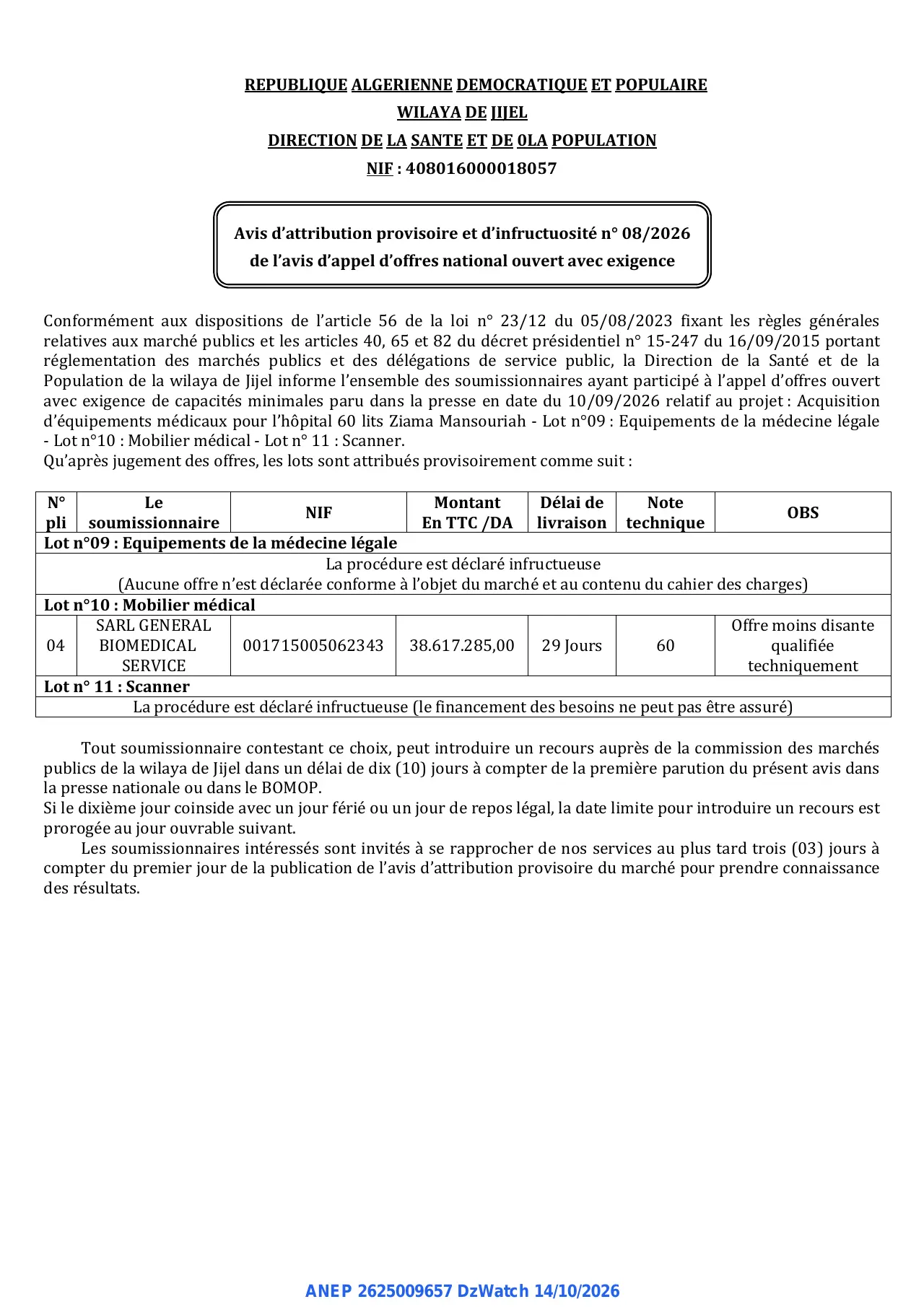 Annonce ANEP 2625009657 : Avis d'attribution provisoire et d'infructuosité n° 08/2026, DIRECTION DE LA SANTE ET DE LA POPULATION JIJEL