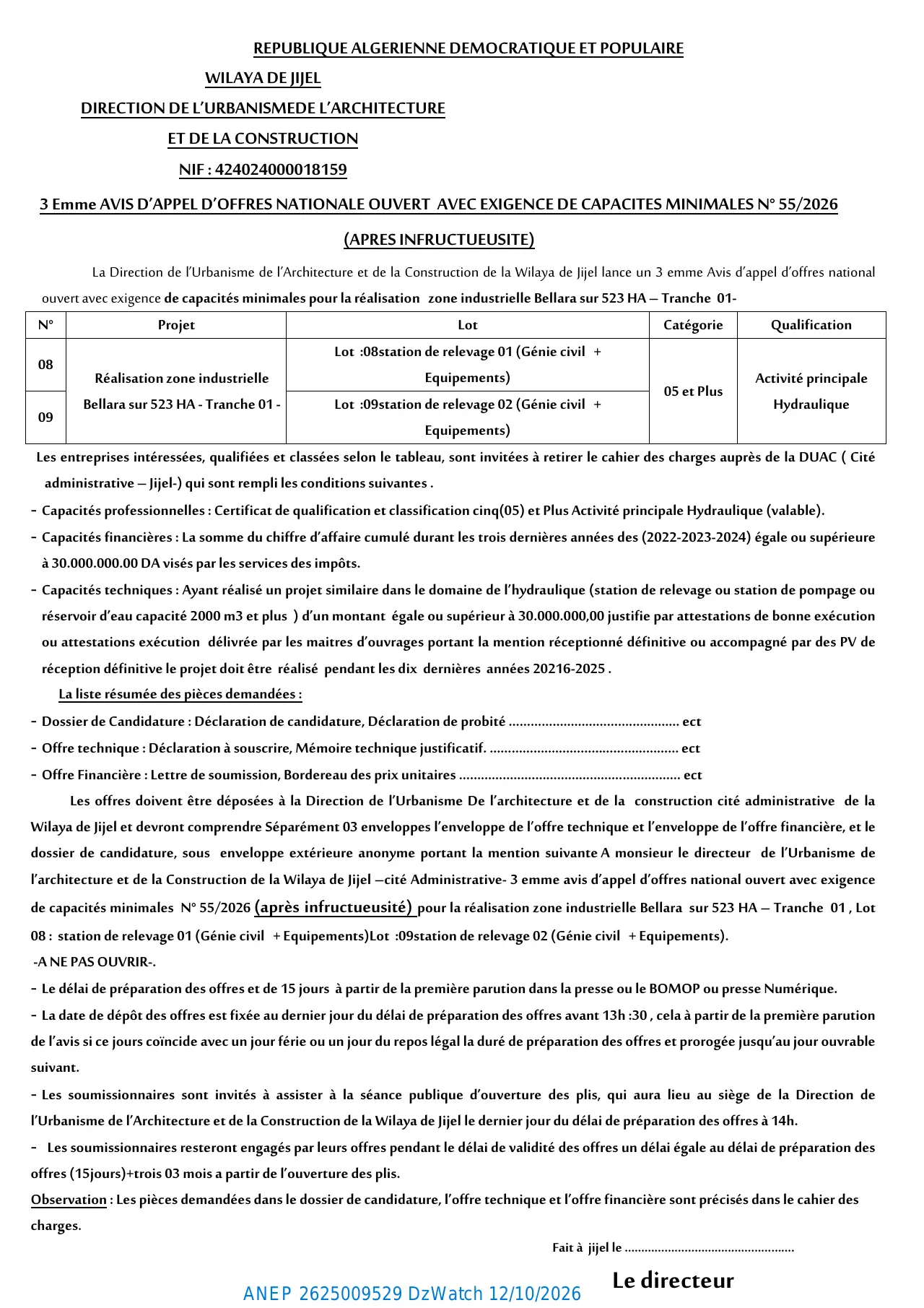 Annonce ANEP 2625009529 : AVIS D'APPEL D'OFFRES, DIRECTION DE L’URBANISMEDE L’ARCHITECTURE ET DE LA CONSTRUCTION WILAYA DE JIJEL