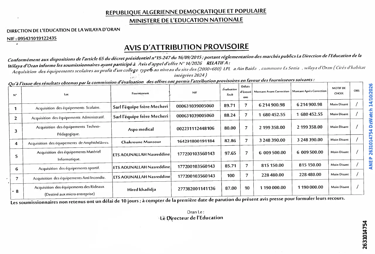 Annonce ANEP 2631014754 : AVIS D'ATTRIBUTION PROVISOIRE, DIRECTION DE L'EDUCATION DE LA WILAYA D'ORAN