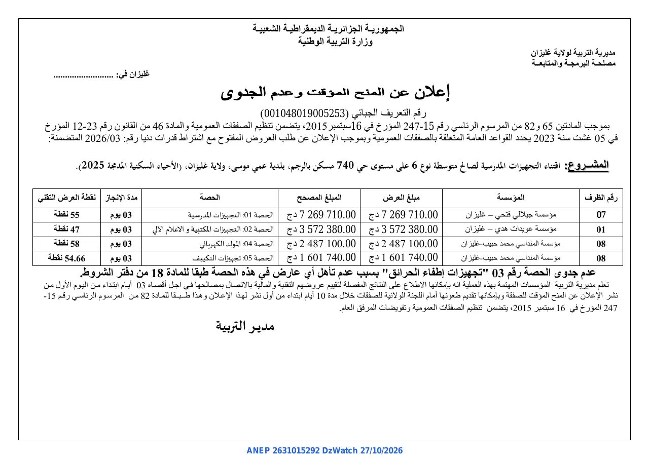 إعلان ANEP 2631015292: ⁨إعلان عن المنح المؤقت وعدم الجدوى⁩، ⁨مديرية التربية لولاية غليزان⁩