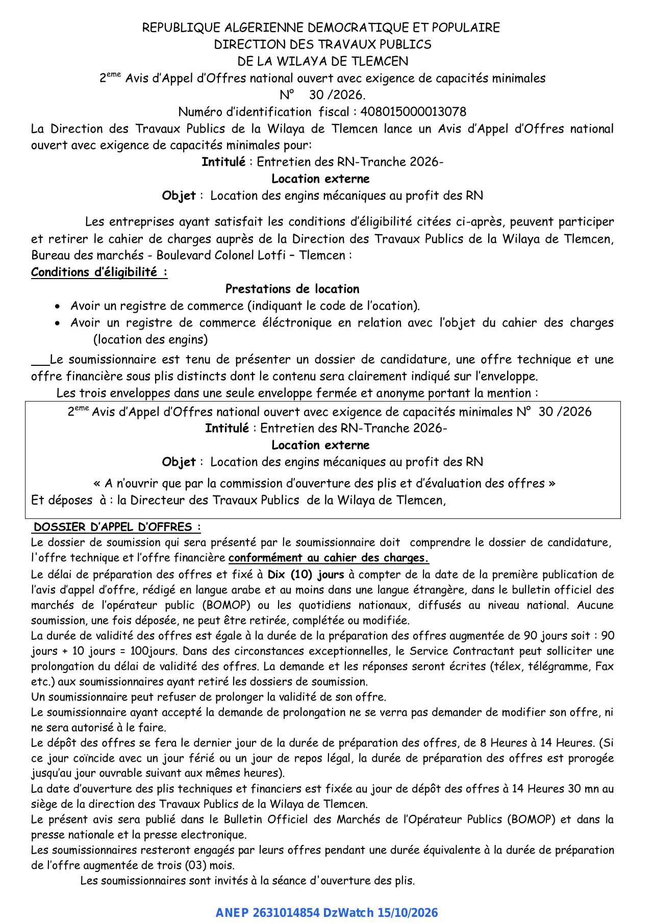 Annonce ANEP 2631014854 : Avis d'Appel d'Offres national ouvert avec exigence de capacités minimales, DIRECTION DES TRAVAUX PUBLICS DE LA WILAYA DE TLEMCEN