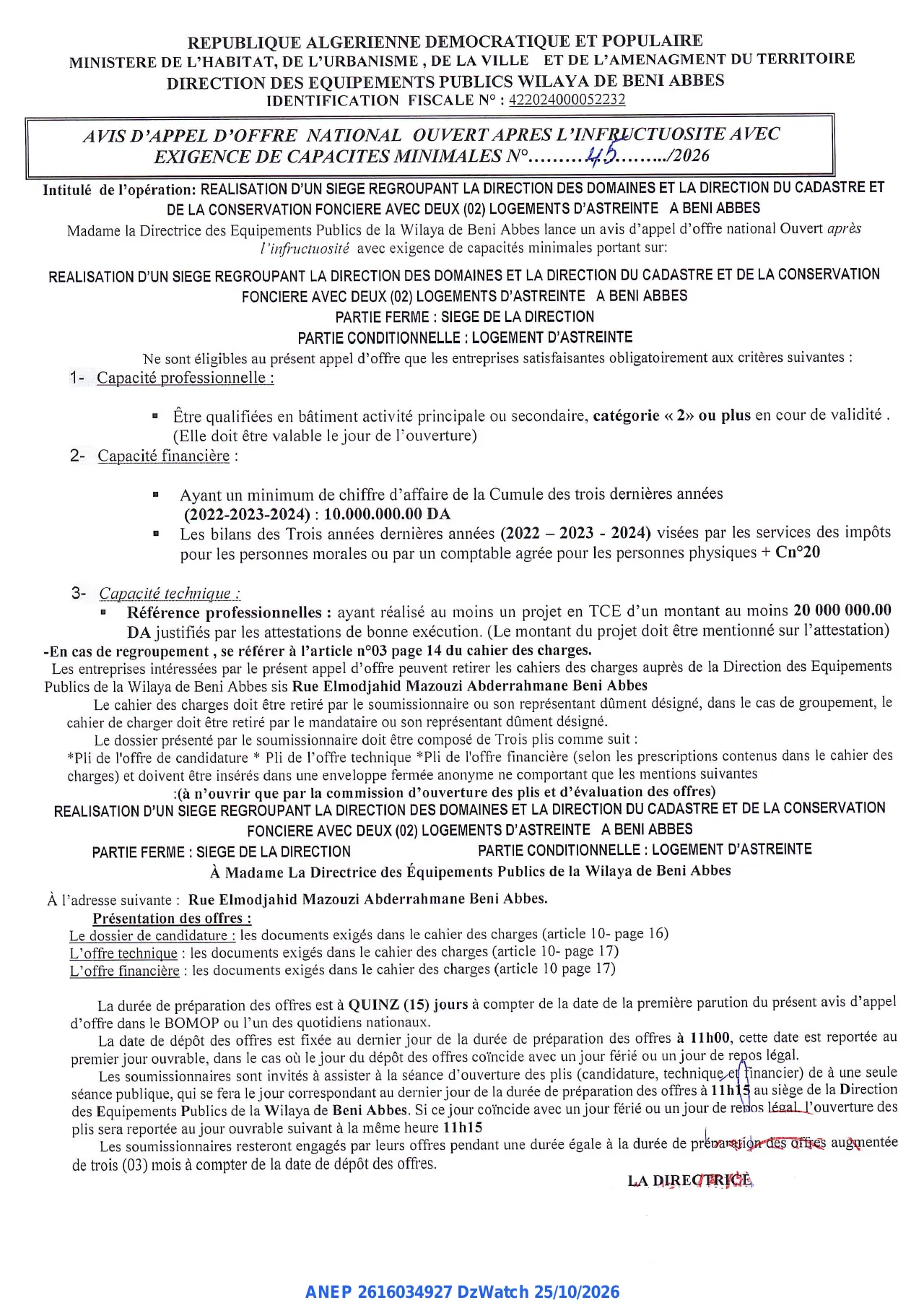 Annonce ANEP 2616034927 : AVIS D'APPEL D'OFFRE NATIONAL OUVERT, DIRECTION DES EQUIPEMENTS PUBLICS WILAYA DE BENI ABBES
