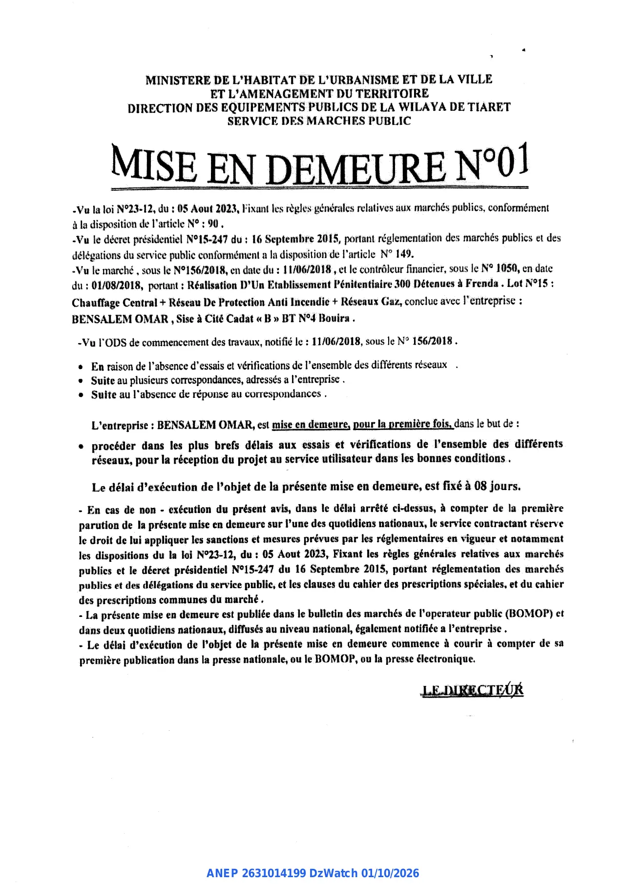 Annonce ANEP 2631014199 : MISE EN DEMEURE, DIRECTION DES EQUIPEMENTS PUBLICS DE LA WILAYA DE TIARET