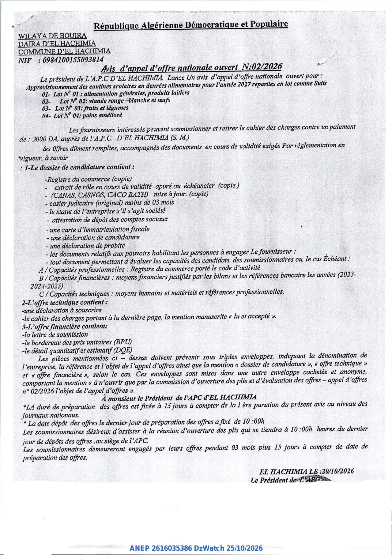 Annonce ANEP 2616035386 : Avis d'appel d'offre nationale ouvert, COMMUNE D'EL HACHIMIA