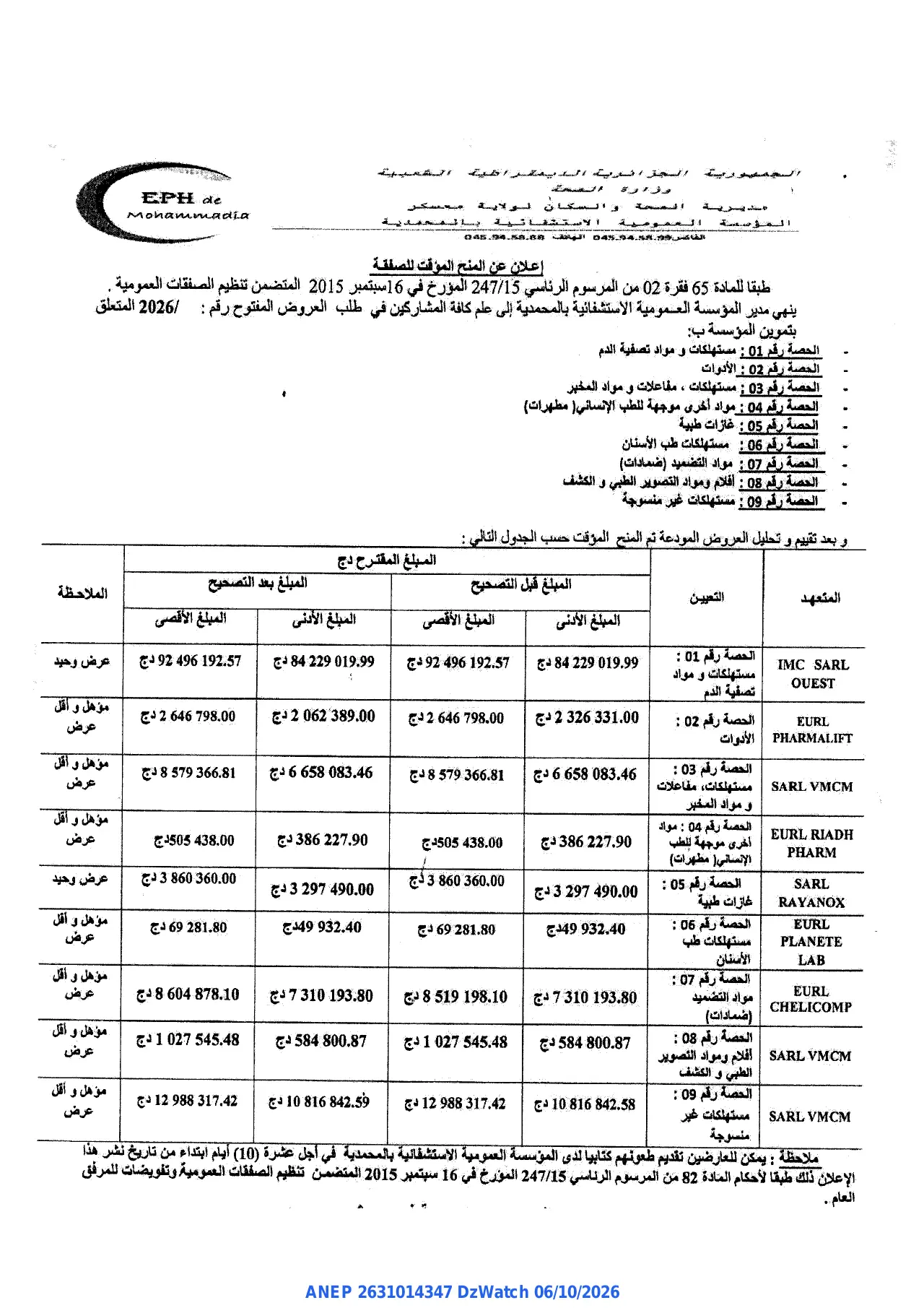 إعلان ANEP 2631014347: ⁨إعلان عن المنح المؤقت للصفقة⁩، ⁨EPH de Mohammadia⁩