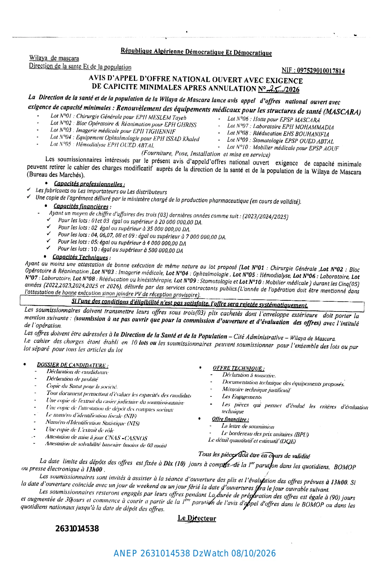 Annonce ANEP 2631014538 : AVIS D'APPEL D'OFFRE NATIONAL OUVERT, La Direction de la santé et de la population de la Wilaya de Mascara