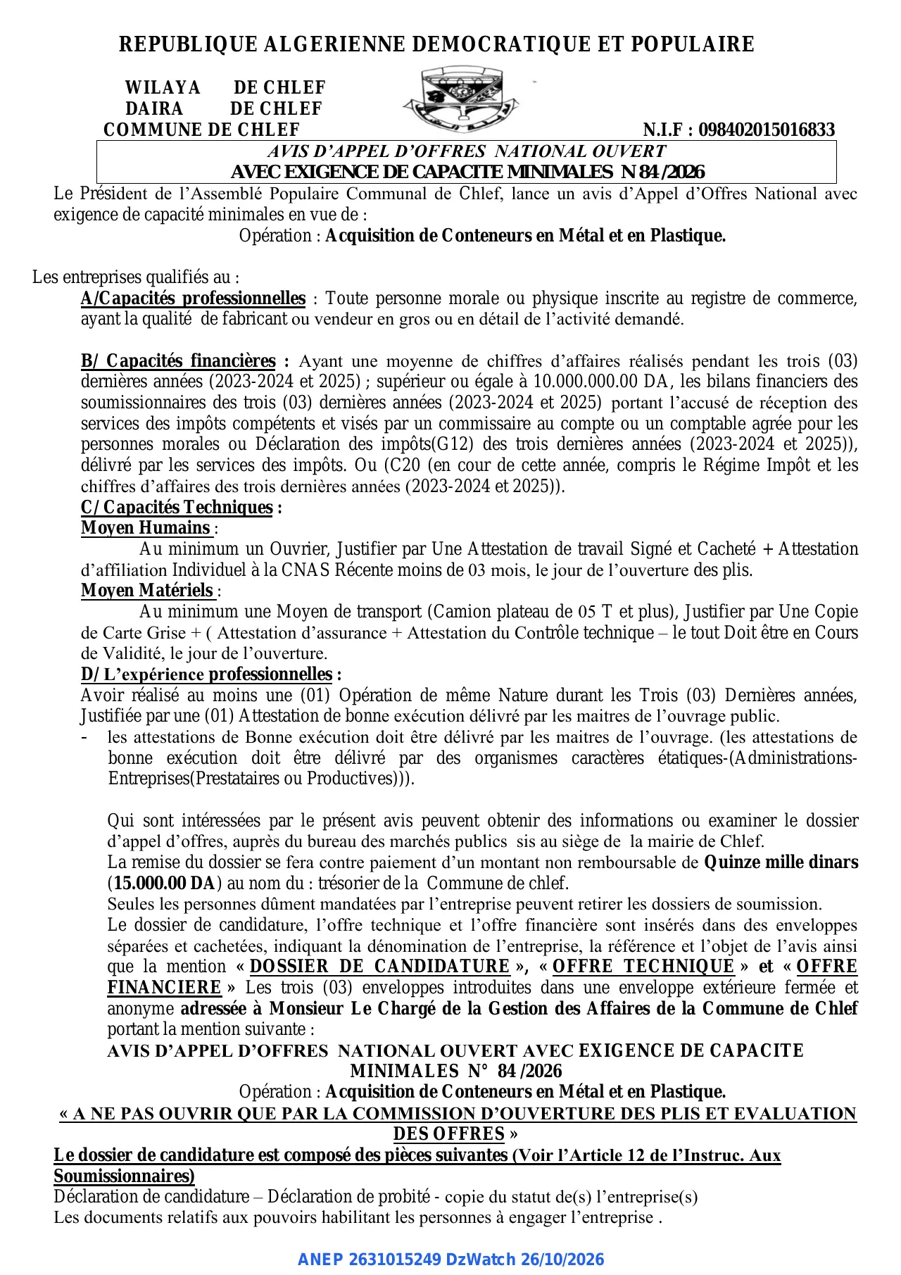 Annonce ANEP 2631015249 : AVIS D'APPEL D'OFFRES NATIONAL OUVERT, COMMUNE DE CHLEF