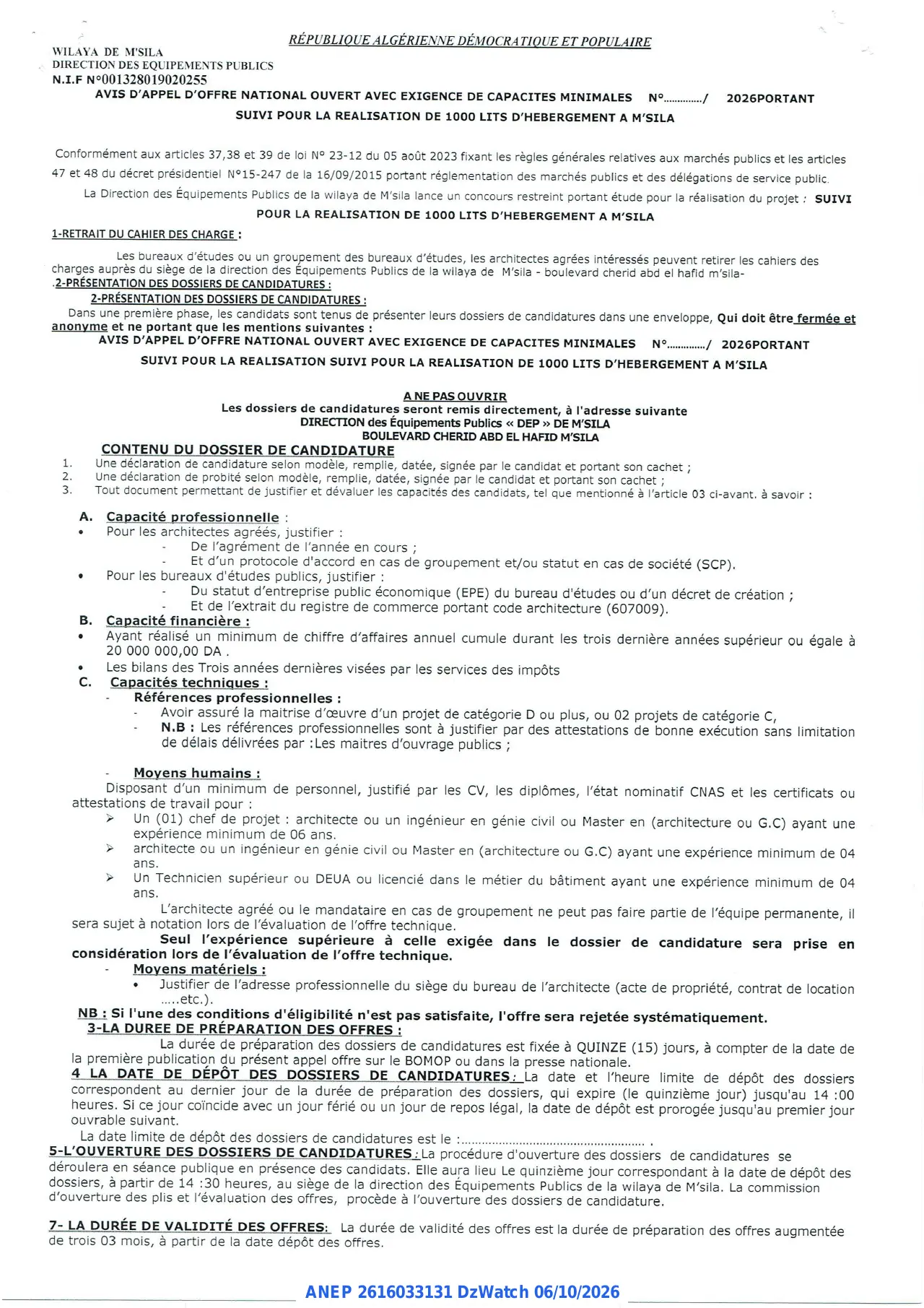 Annonce ANEP 2616033131 : AVIS D'APPEL D'OFFRE NATIONAL OUVERT AVEC EXIGENCE DE CAPACITES MINIMALES, DIRECTION DES EQUIPEMENTS PUBLICS WILAYA DE M'SILA
